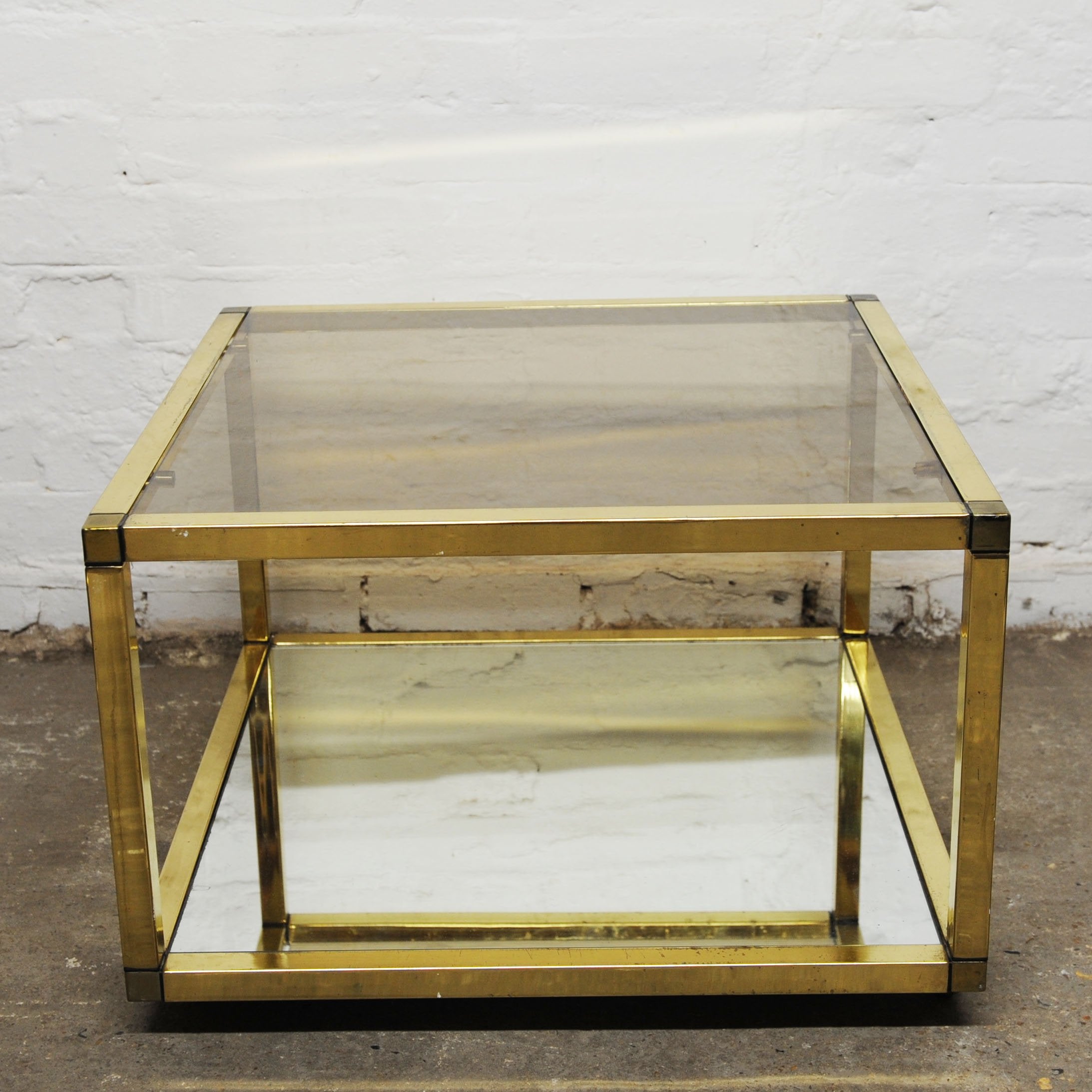 Vintage Brass and Smoked Glass Square Coffee Table on Wheels, 1970s