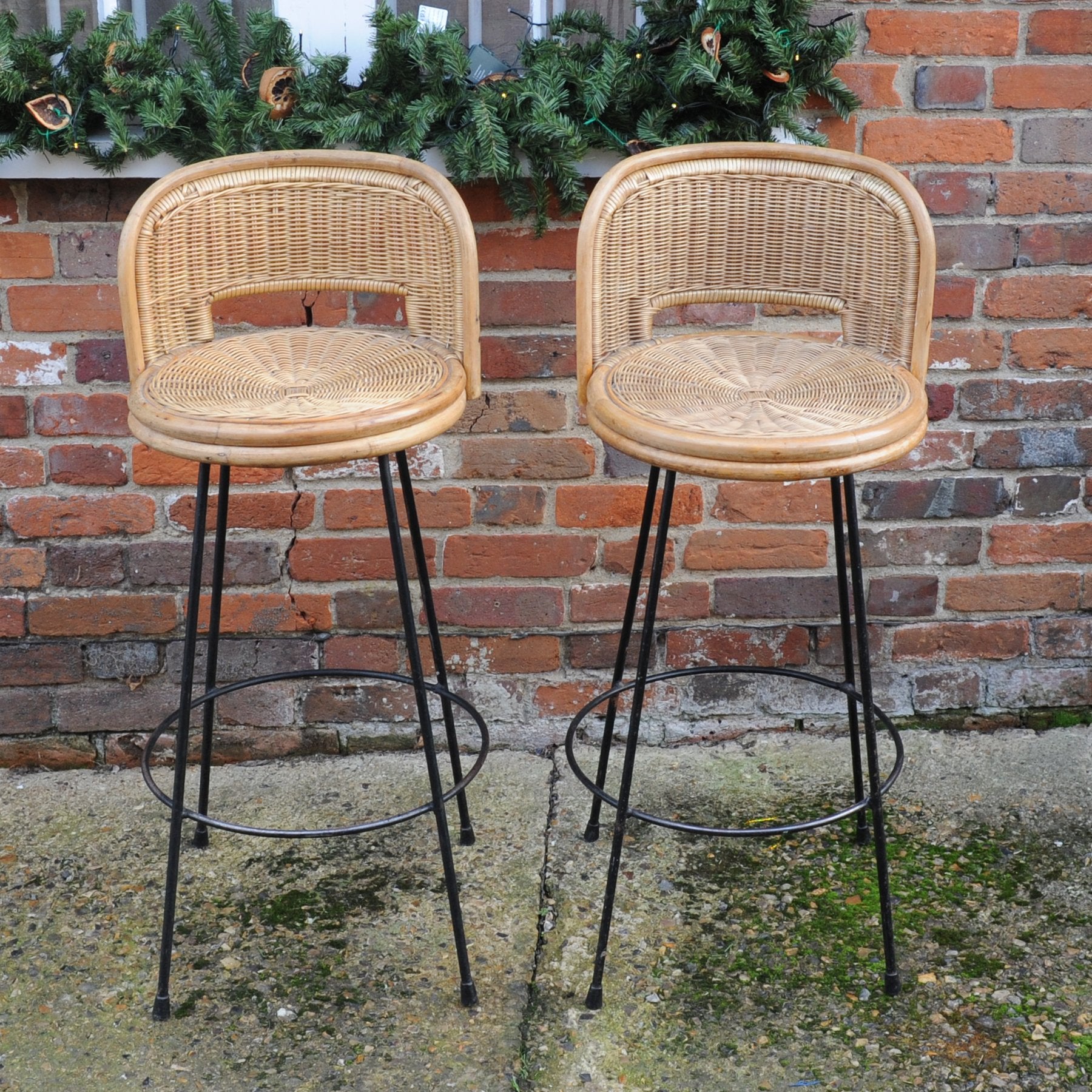 Pair of Vintage Cast Iron and Rattan Bar Stools, 1960s