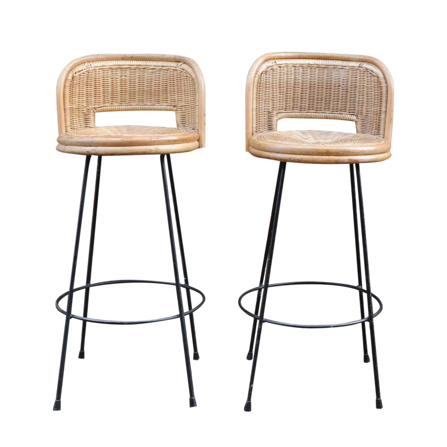 Pair of Vintage Cast Iron and Rattan Bar Stools, 1960s