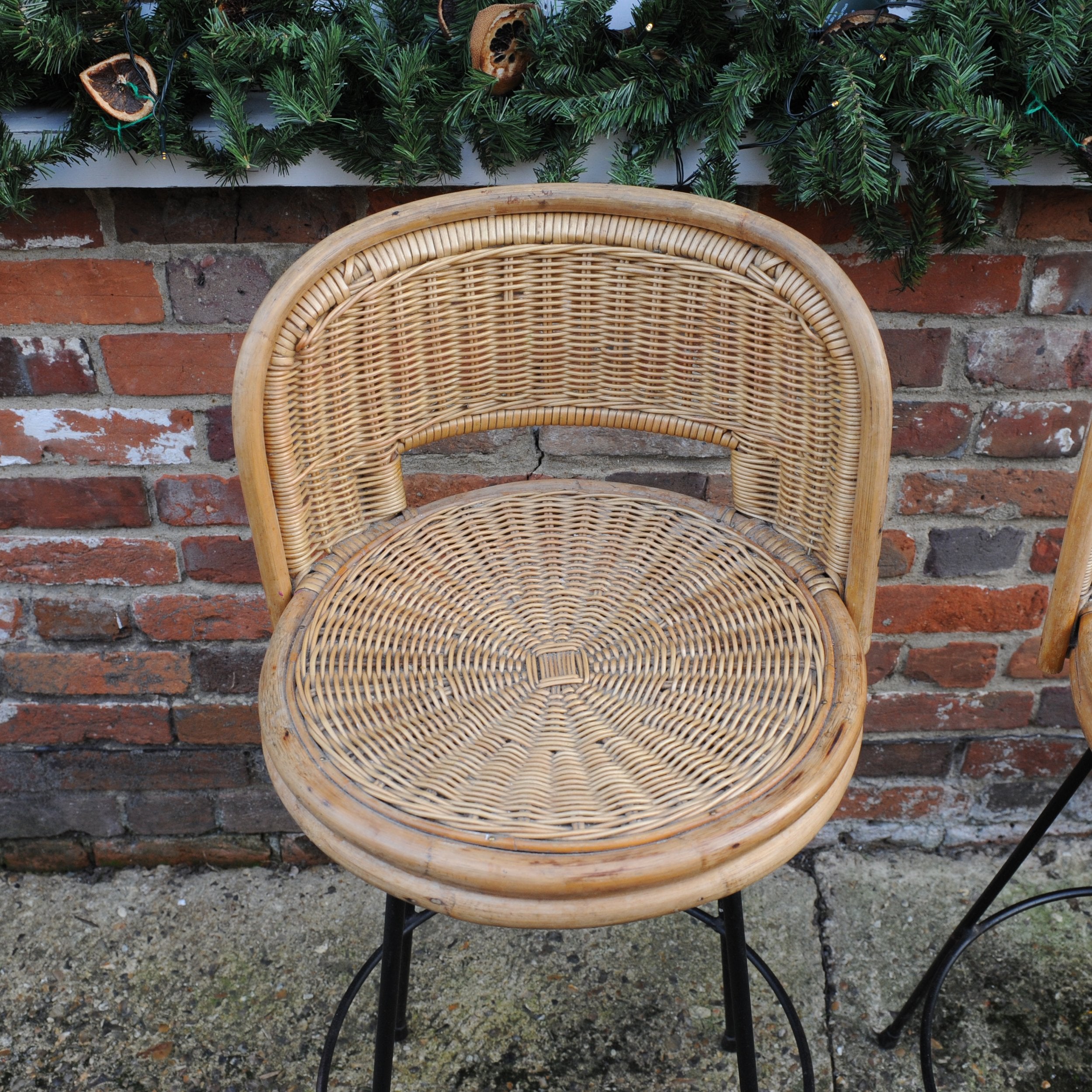 Pair of Vintage Cast Iron and Rattan Bar Stools, 1960s