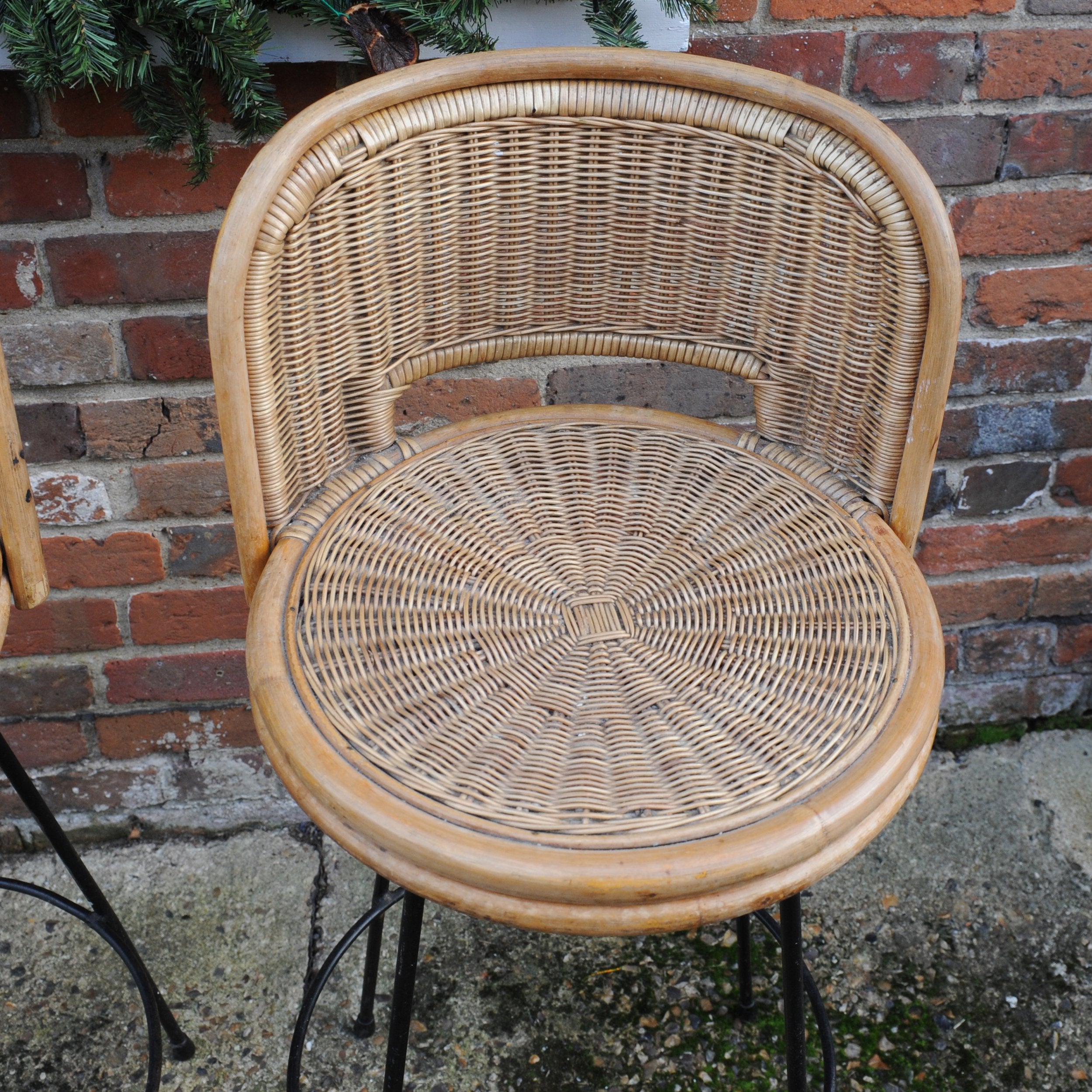 Pair of Vintage Cast Iron and Rattan Bar Stools, 1960s