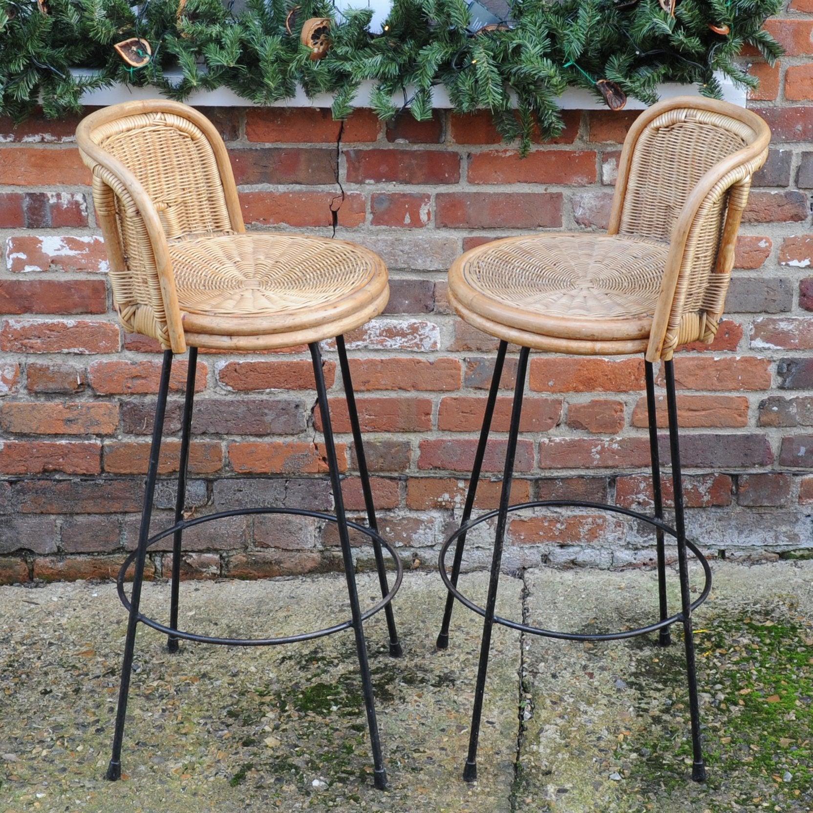 Pair of Vintage Cast Iron and Rattan Bar Stools, 1960s