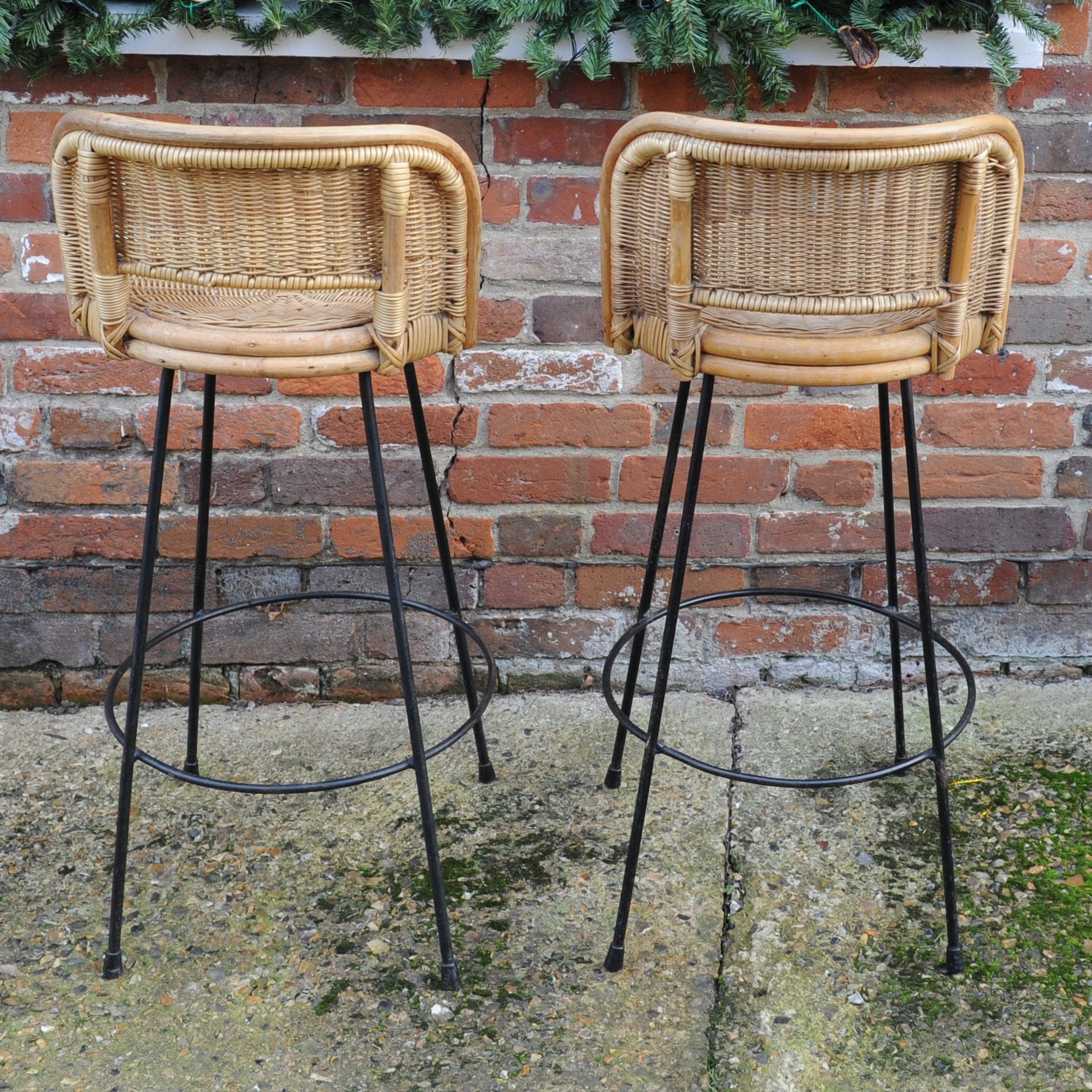 Pair of Vintage Cast Iron and Rattan Bar Stools, 1960s