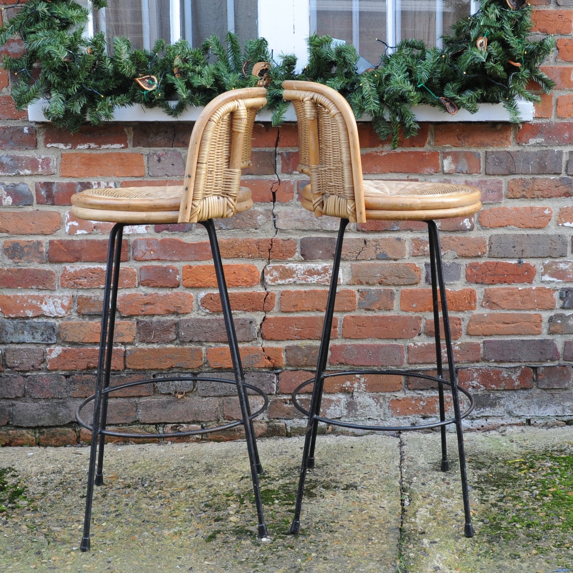 Pair of Vintage Cast Iron and Rattan Bar Stools, 1960s