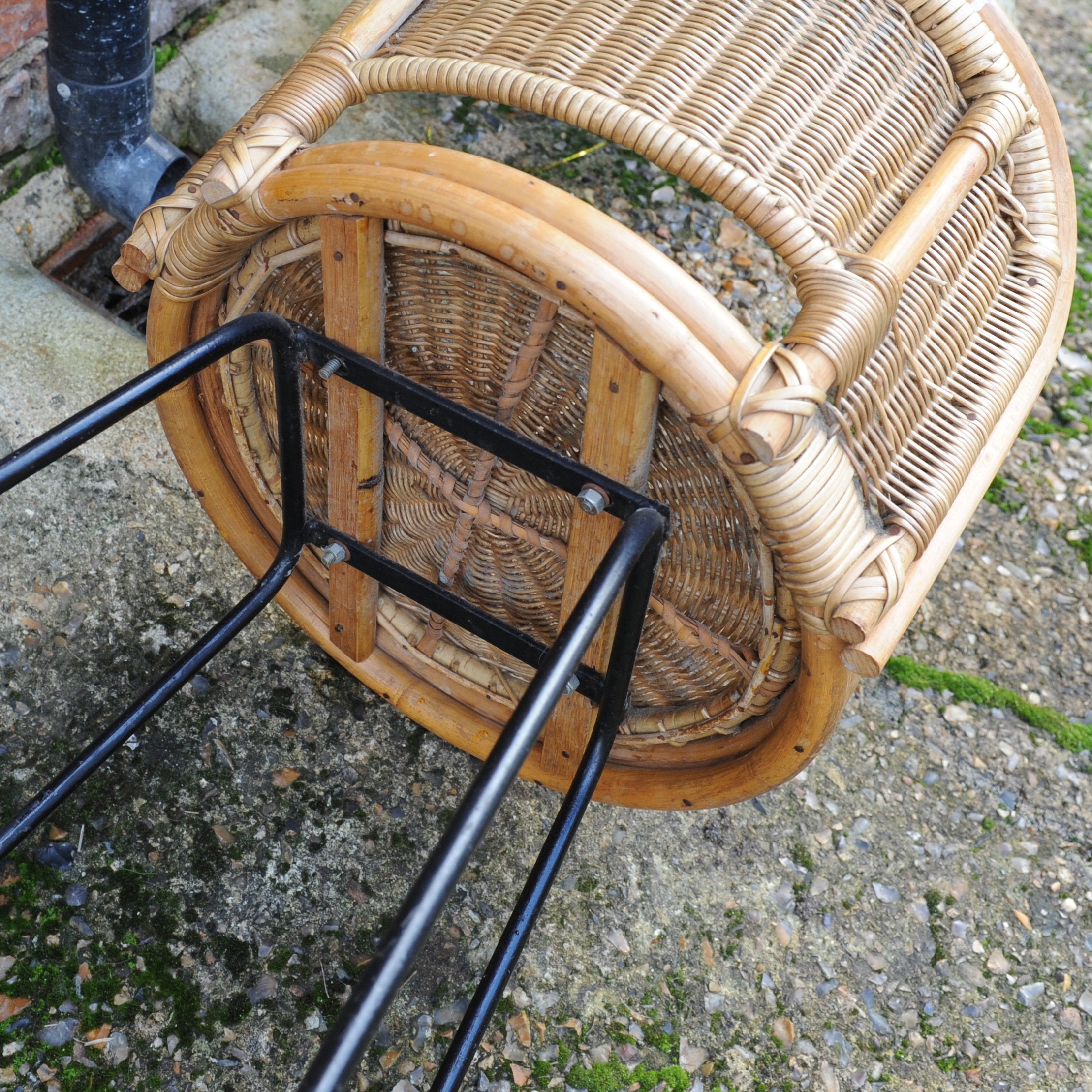 Pair of Vintage Cast Iron and Rattan Bar Stools, 1960s