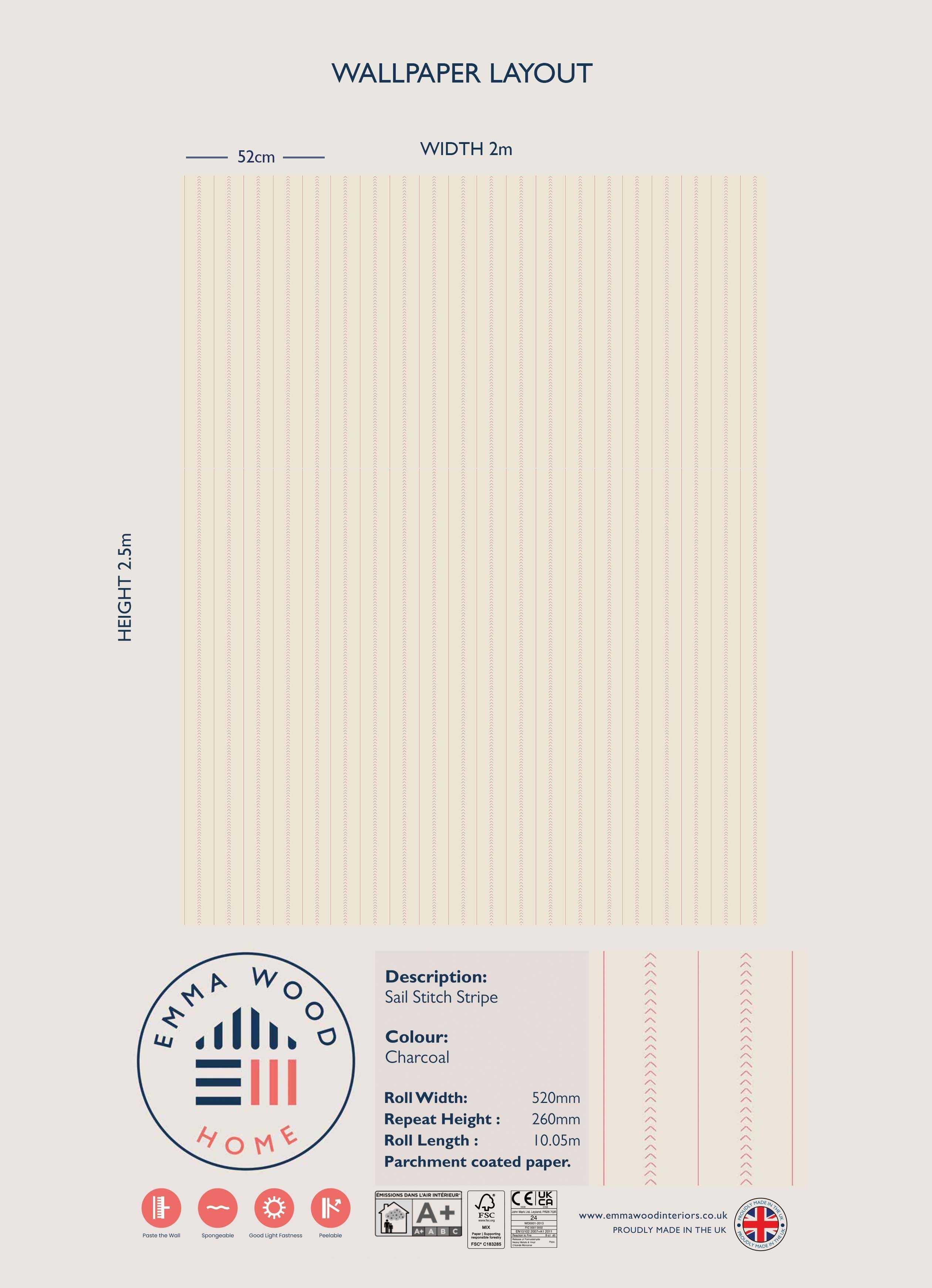 Sail Stitch Stripe Wallpaper - CORAL