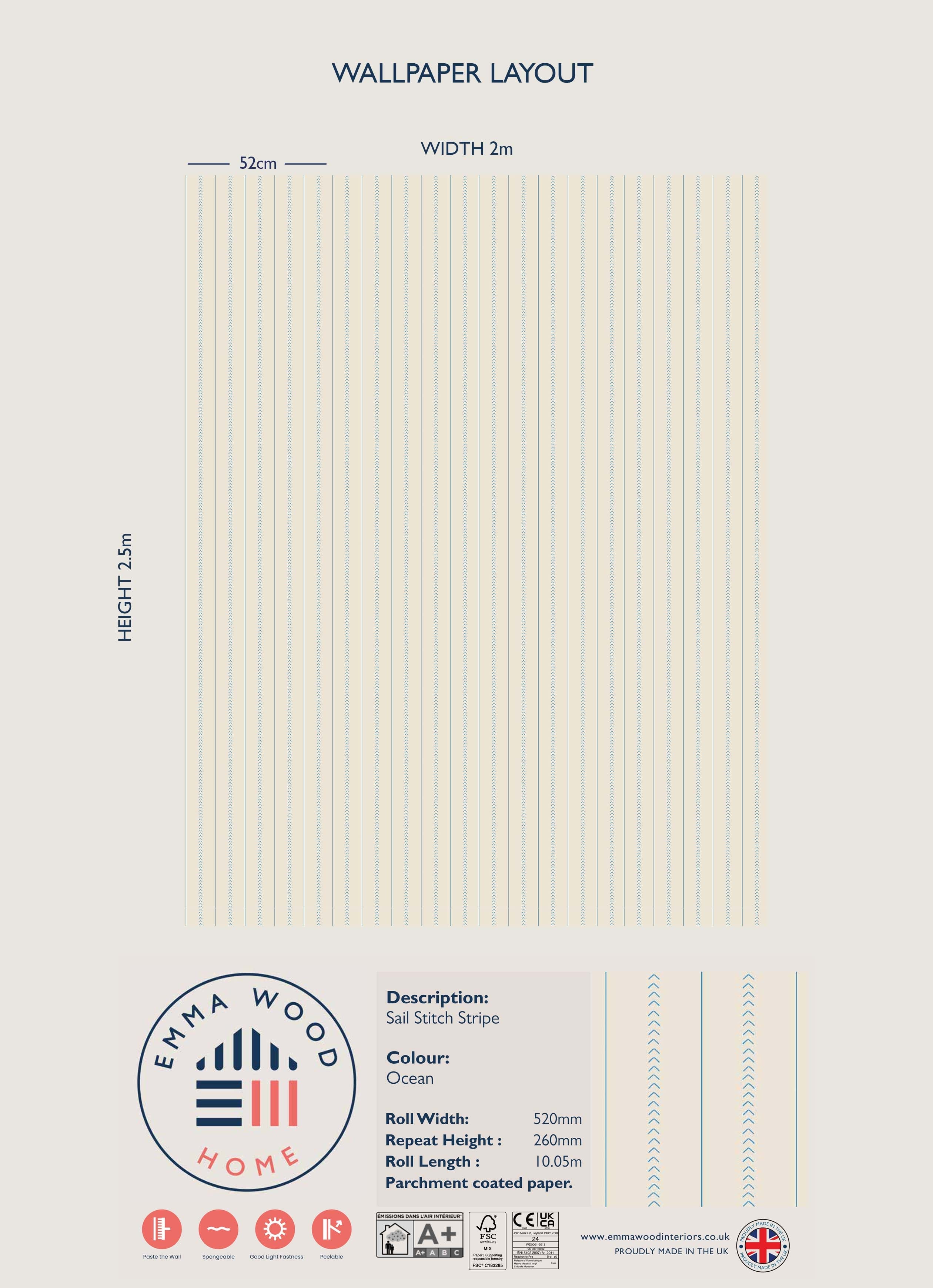 Sail Stitch Stripe Wallpaper - OCEAN