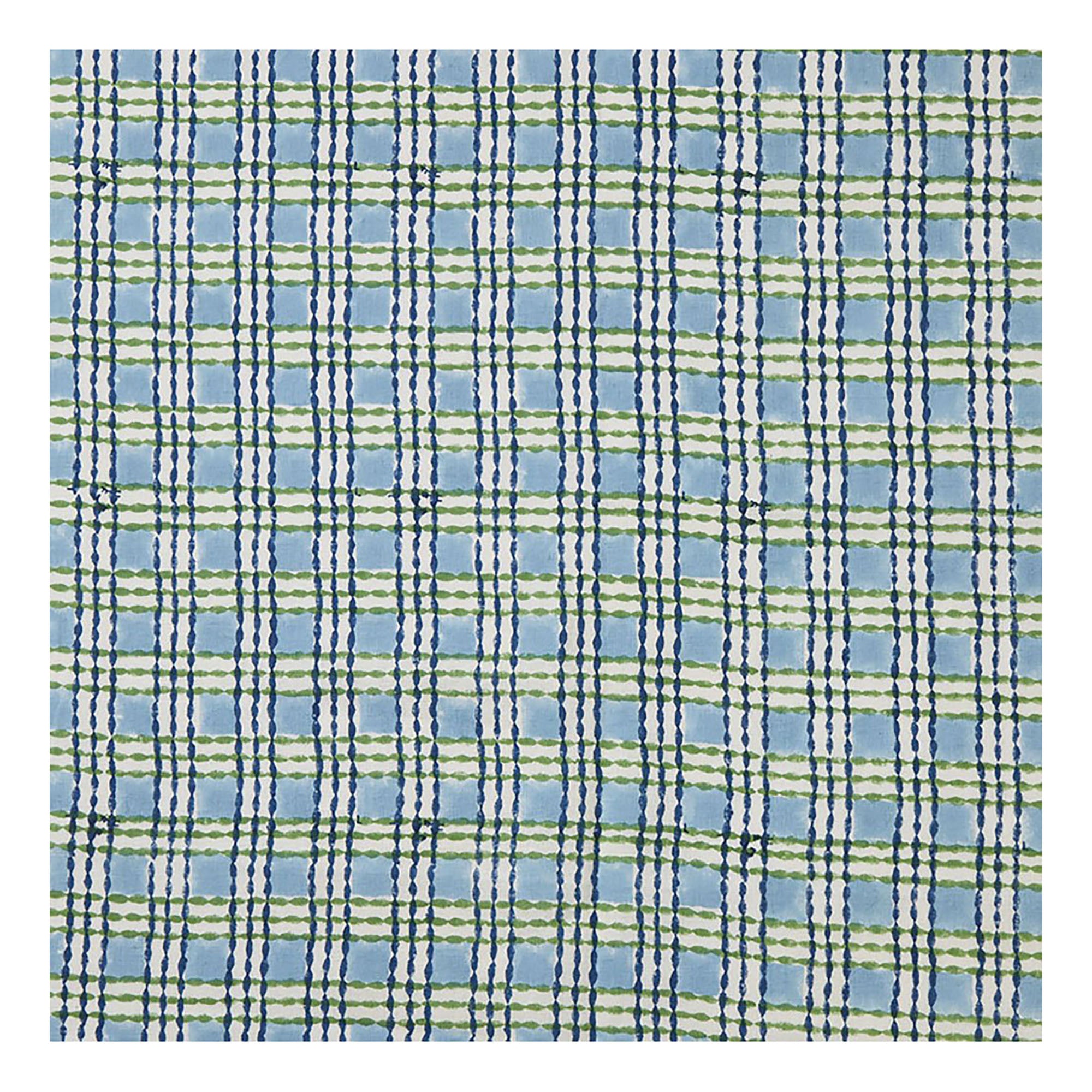 Trellis Block printed Fabric Linen/Cotton Grass/Sky