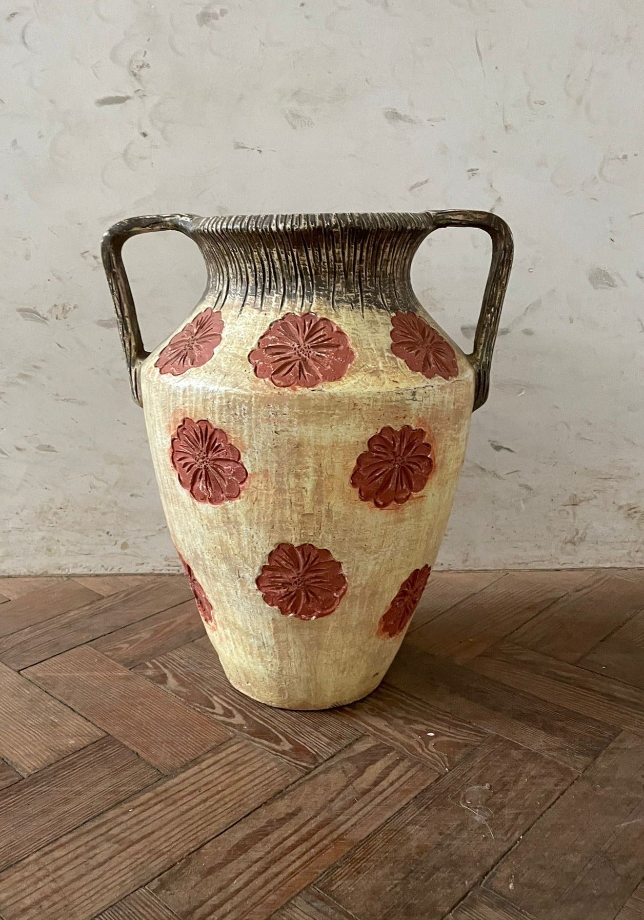 Large Painted Terracotta Urn with Flower Details