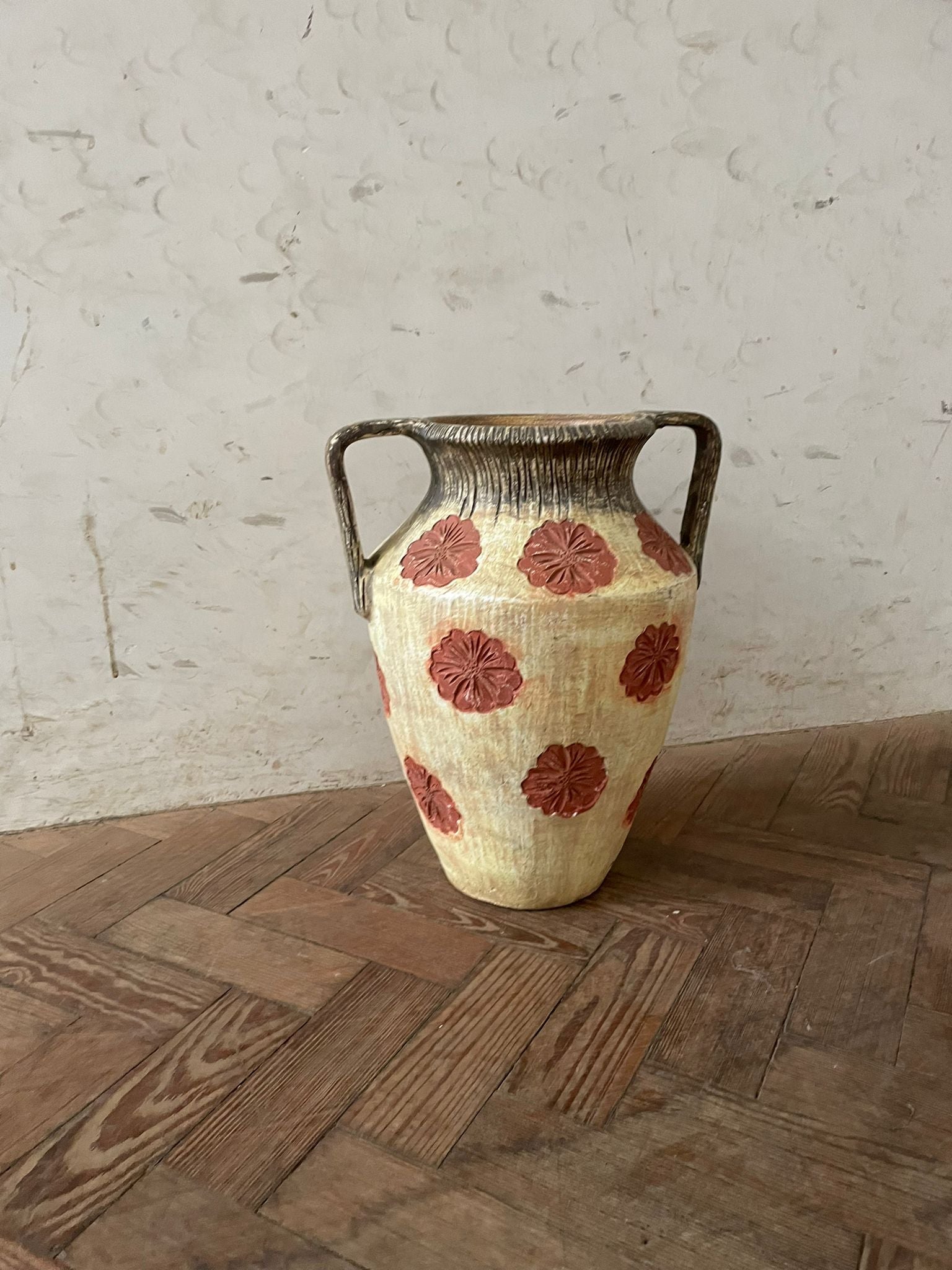 Large Painted Terracotta Urn with Flower Details