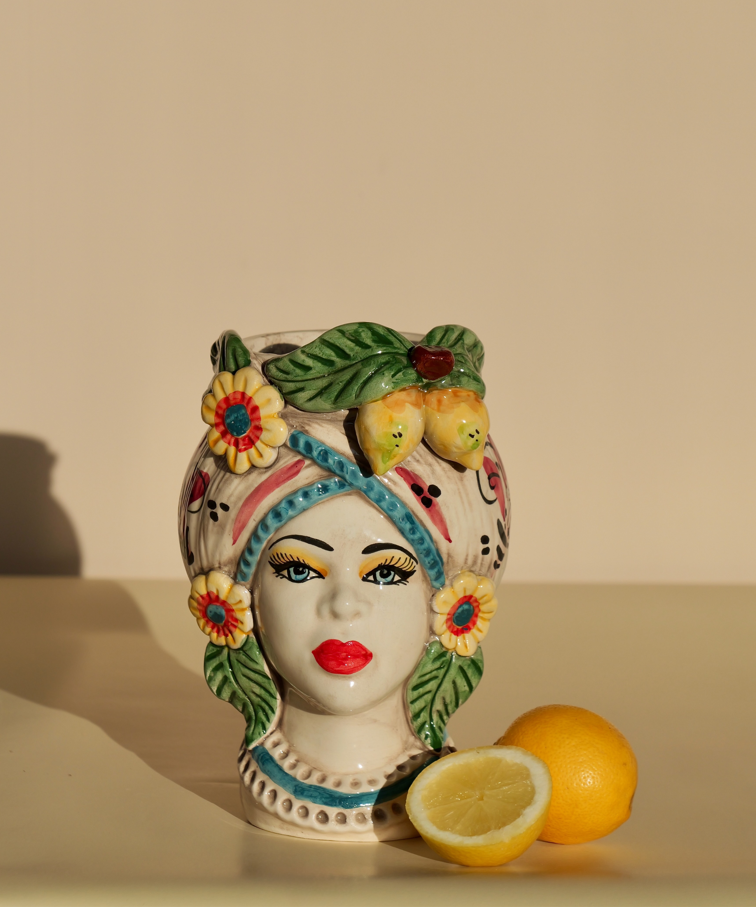 Small Sicilian Vase Head, Lemon & Flowers  – Testa di Moro