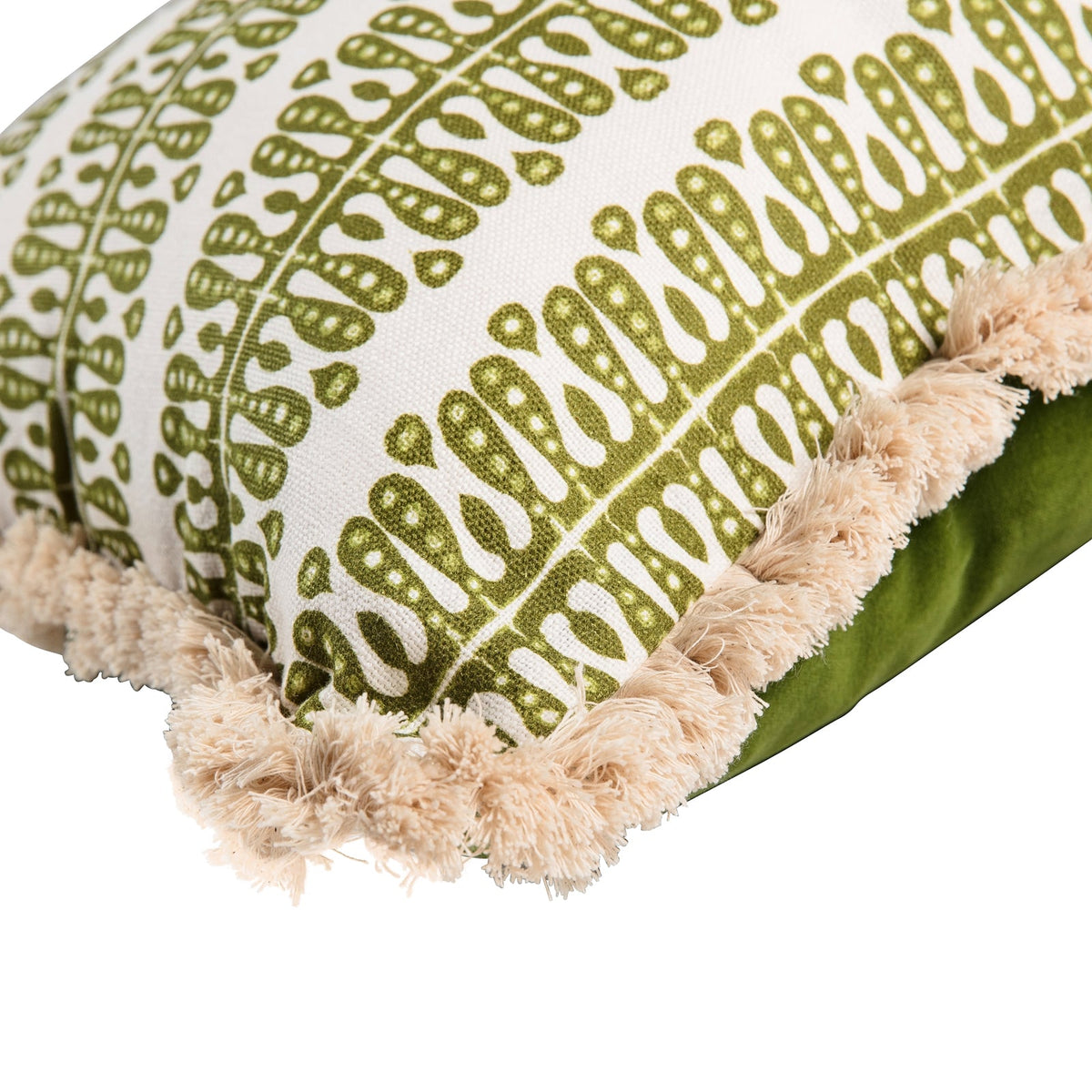 Heart and Minds Cushion - Peridot with Peridot Velvet Back and Cream Fringe