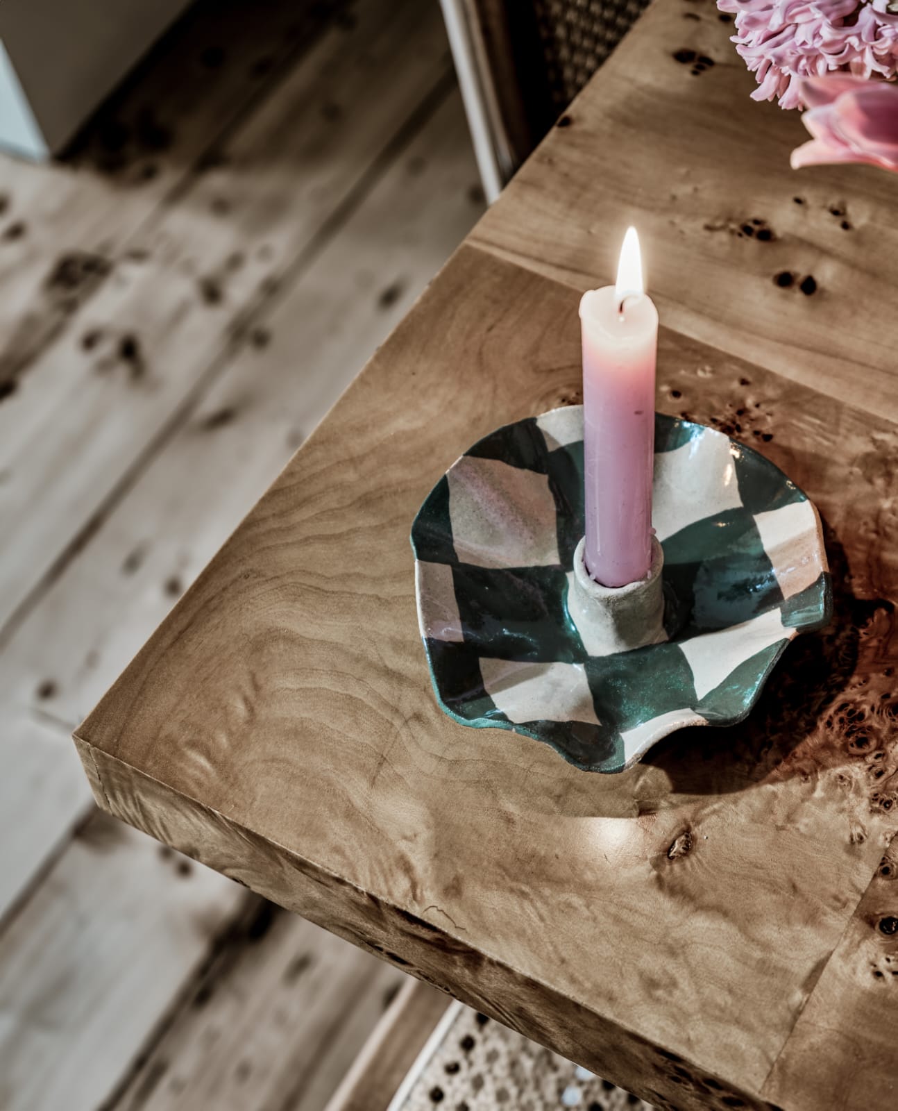 Green Check Scalloped Candle Holders