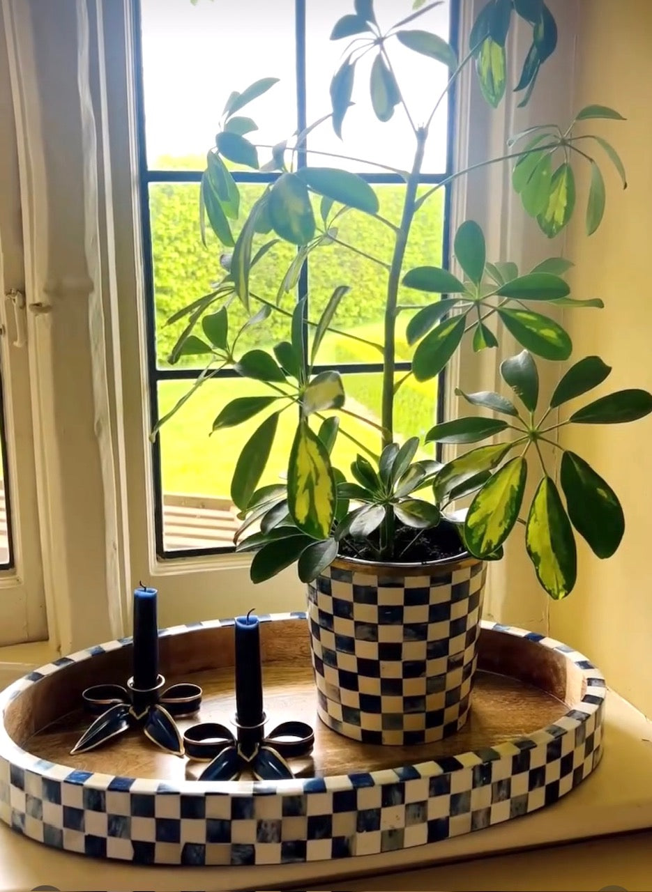 Round Inlay Planter | Medium | Blue | Chequered