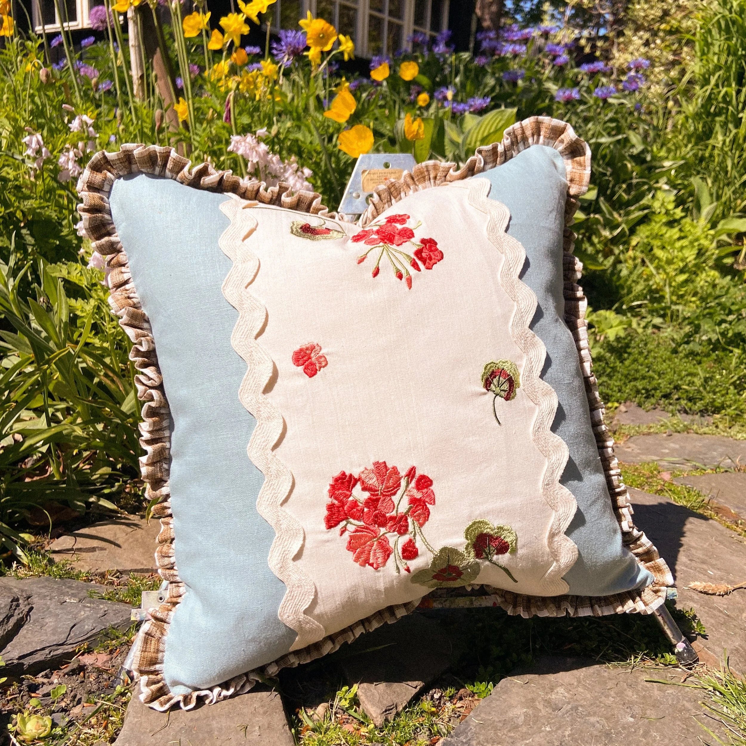 Geranium Patchwork Linen Cushion
