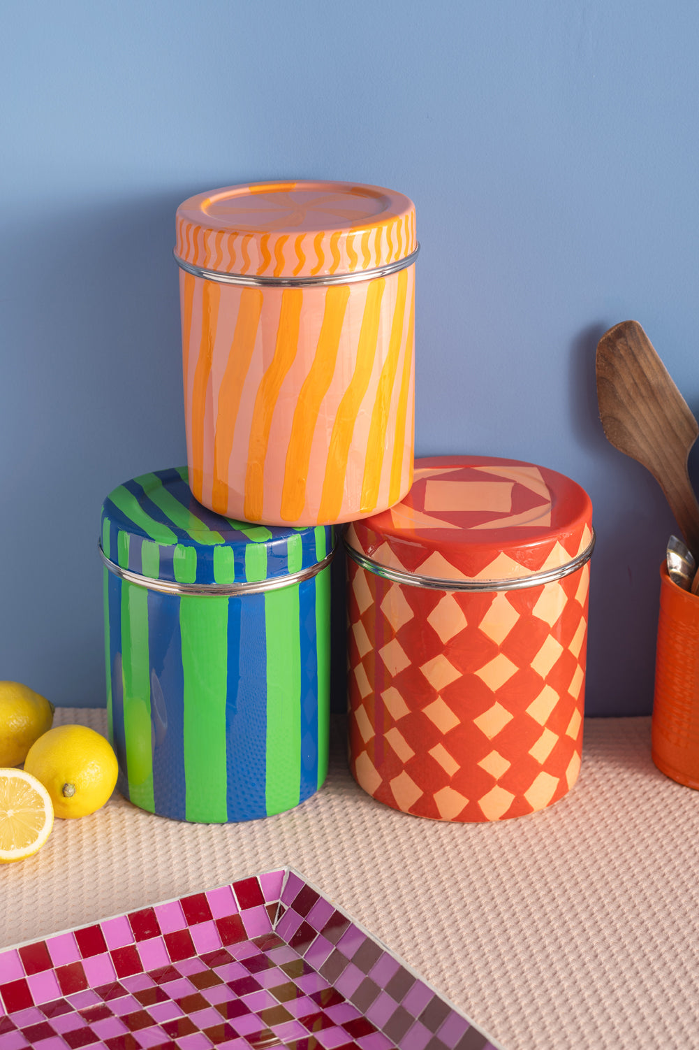 Blue & Green Stripe Storage Tin