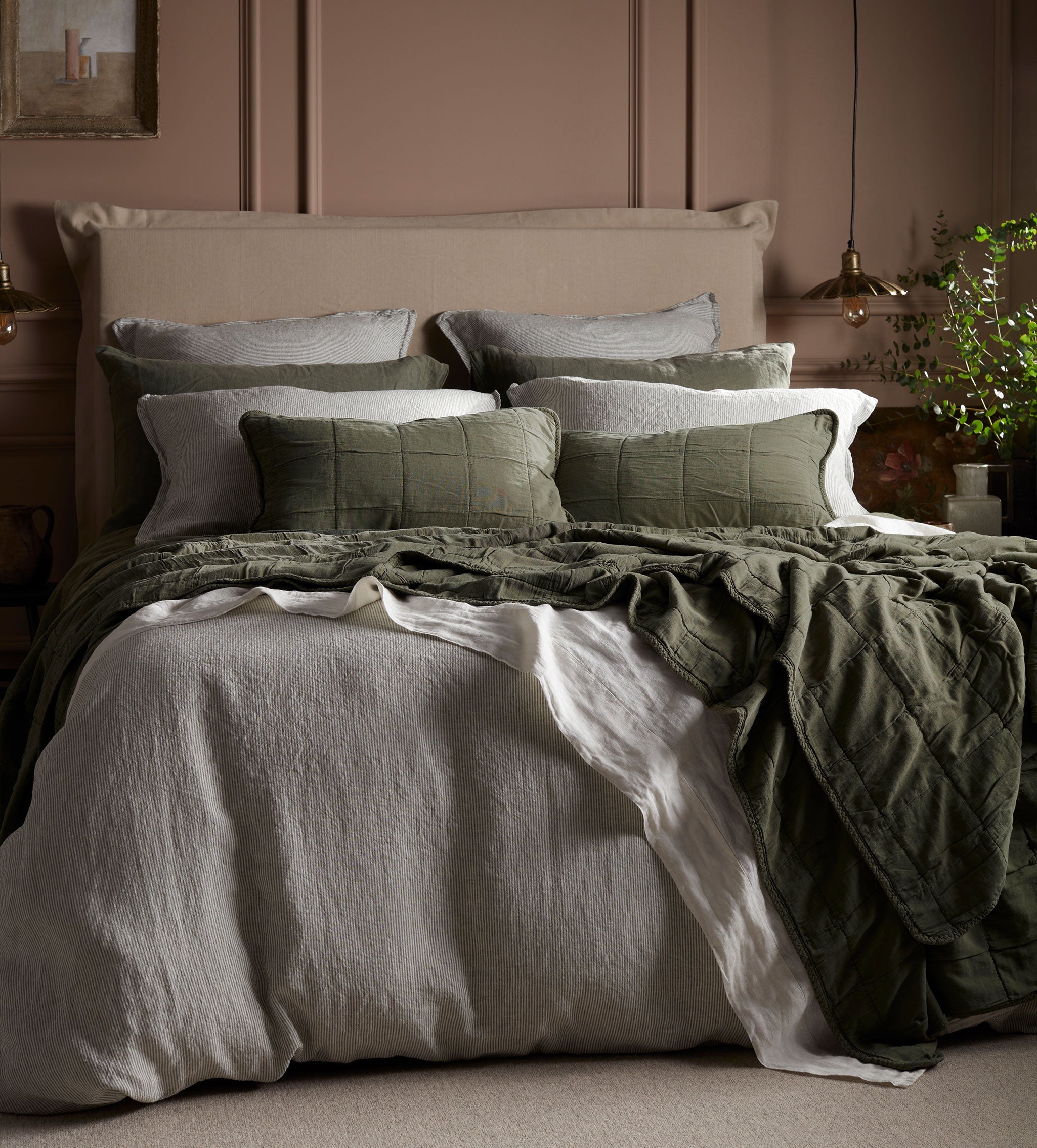 Olive Green Sid Stripe 100% Linen Oxford Pillowcase