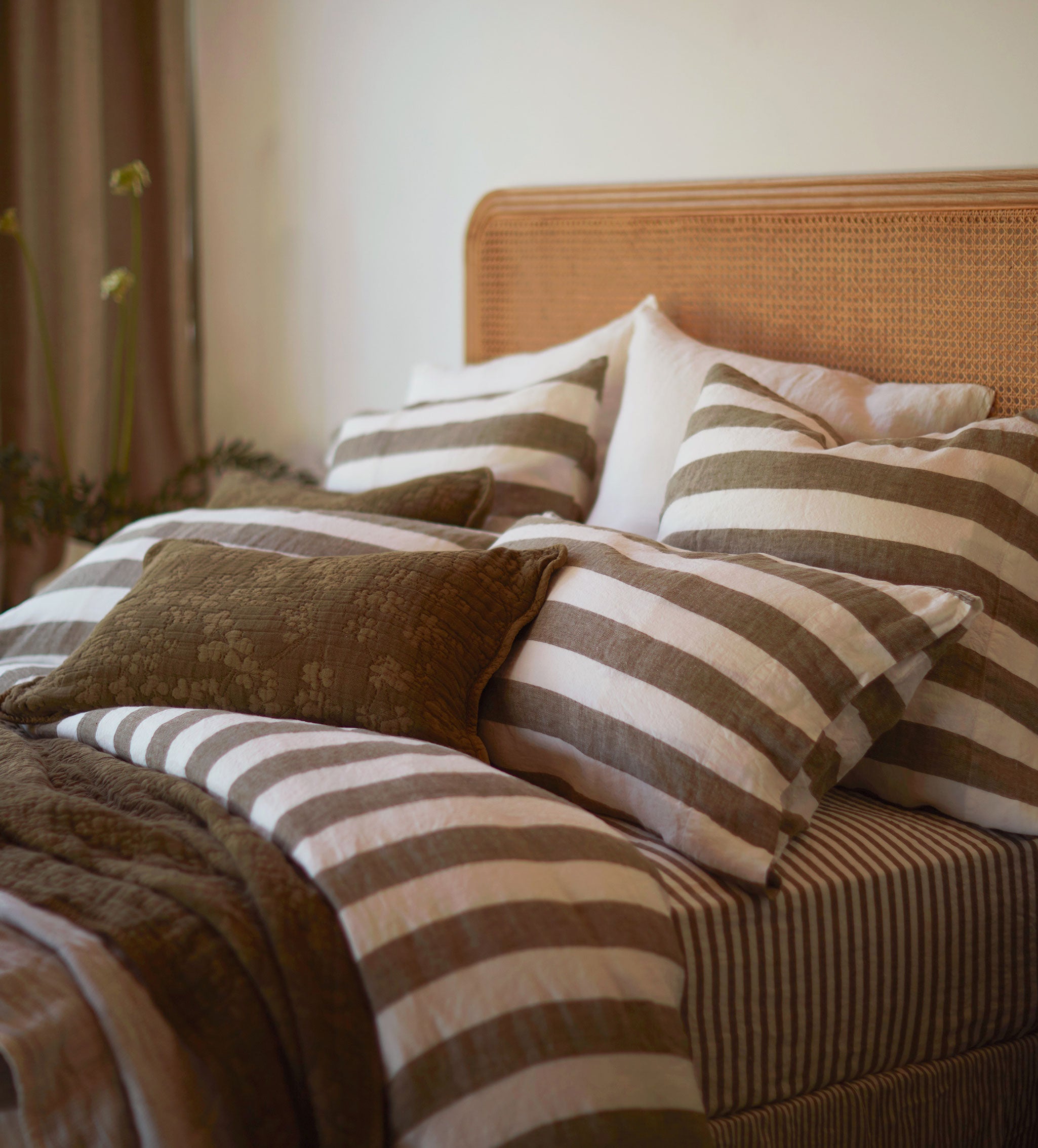 Dark Olive Cora Stripe 100% Linen Duvet Cover