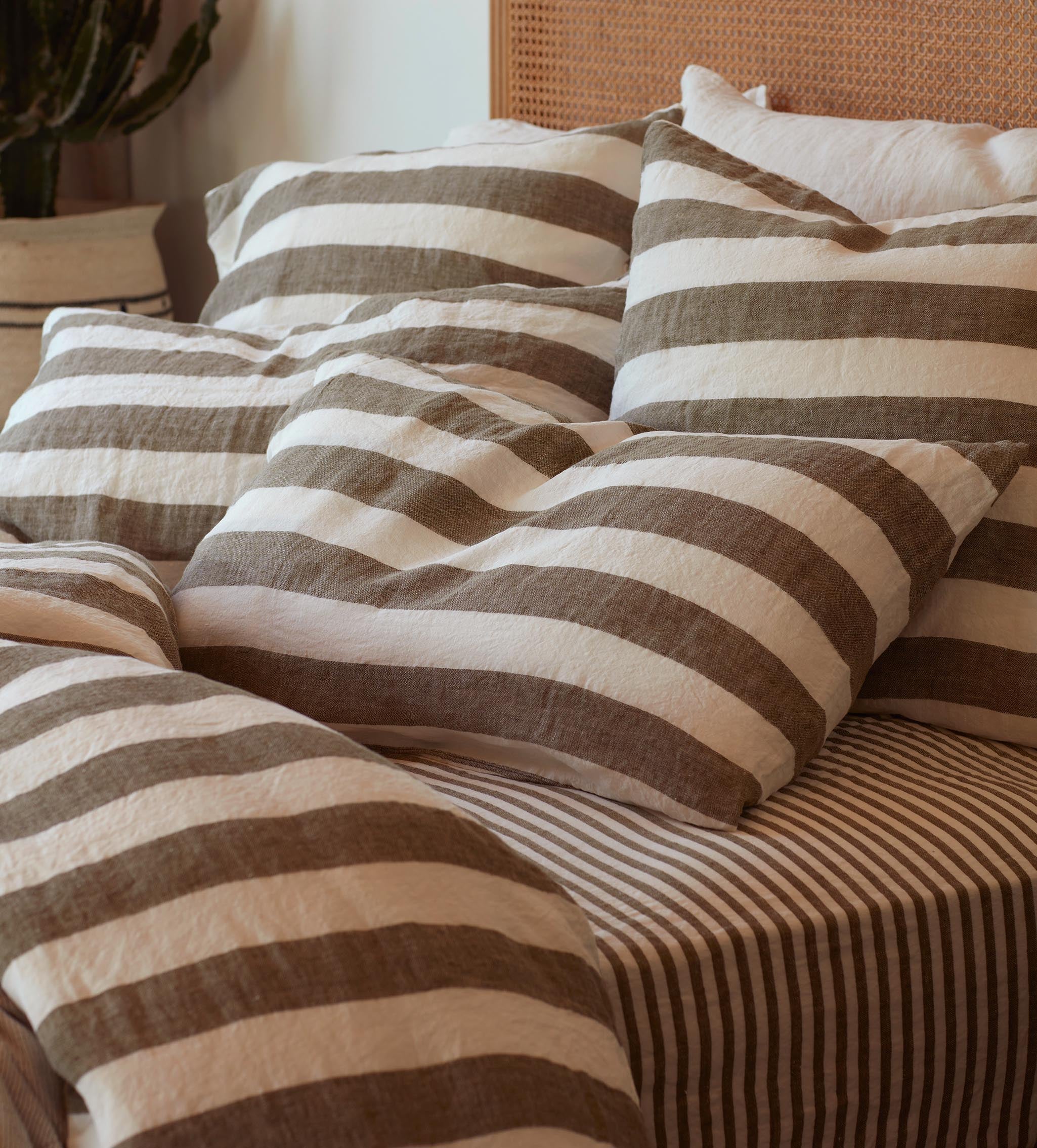 Dark Olive Cora Stripe 100% Linen Duvet Cover
