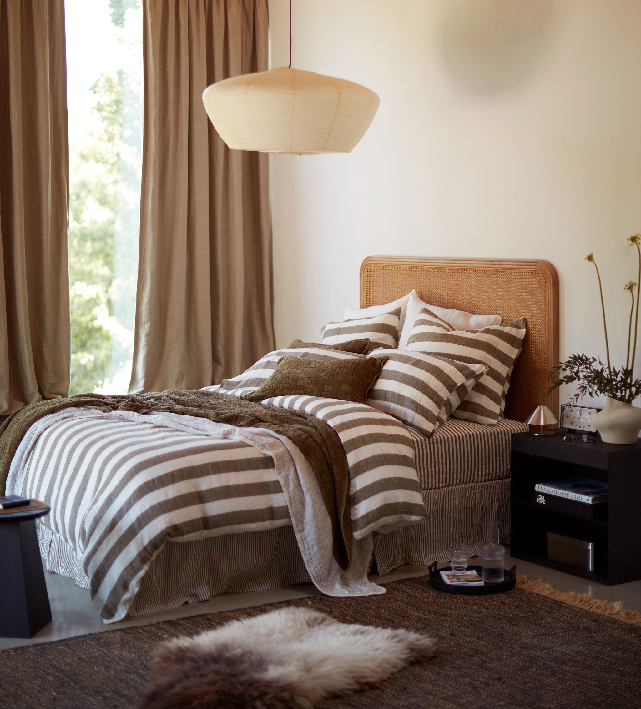 Dark Olive Cora Stripe 100% Linen Duvet Cover
