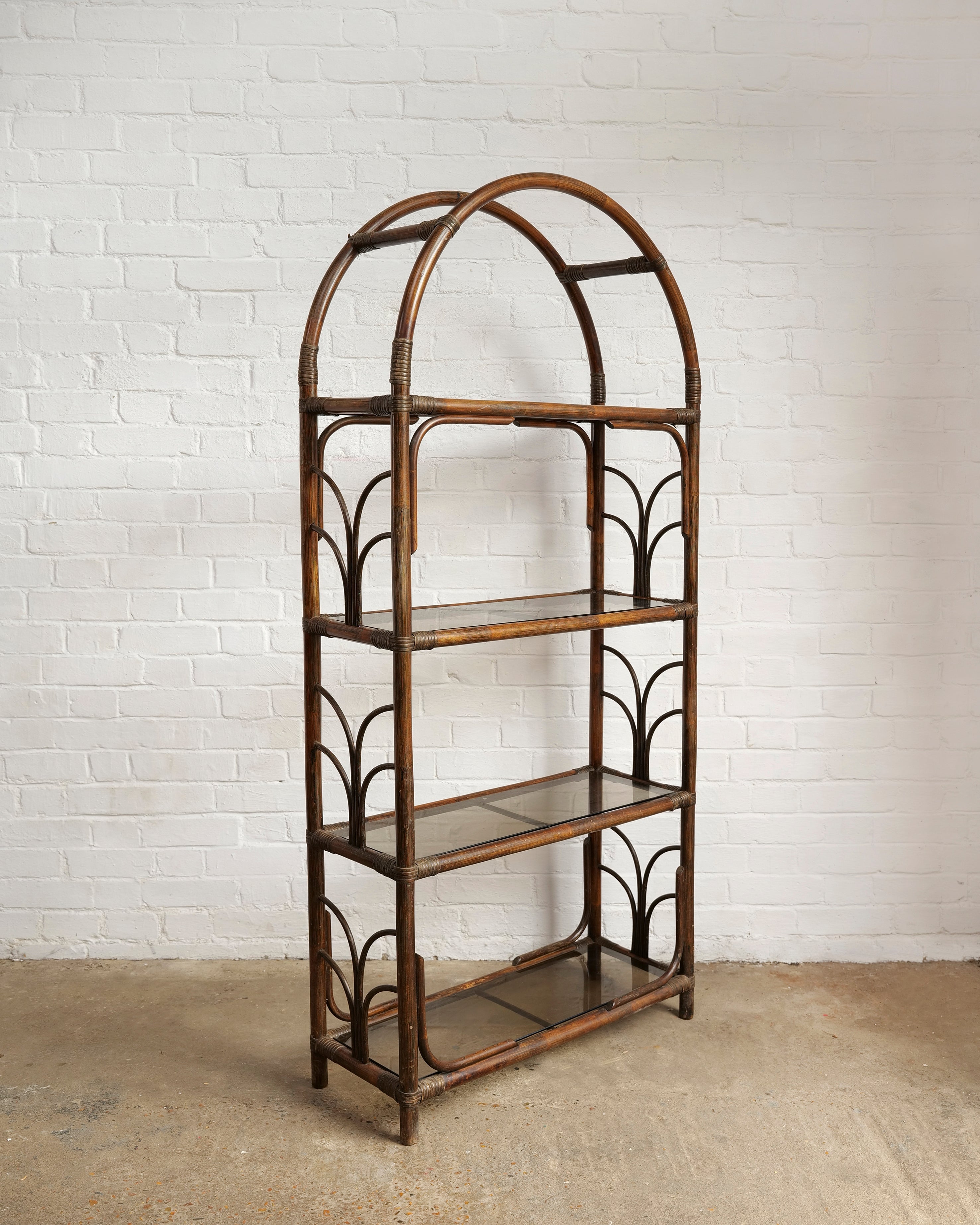 Tall 1970's Bamboo & Smoked Glass Shelving unit