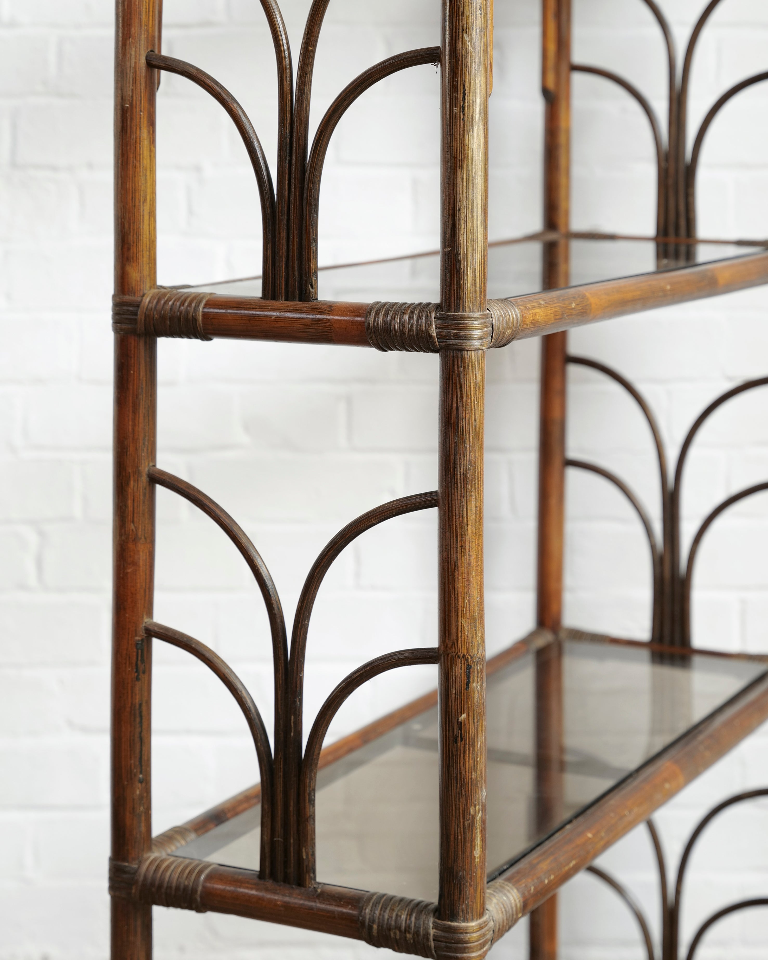 Tall 1970's Bamboo & Smoked Glass Shelving unit