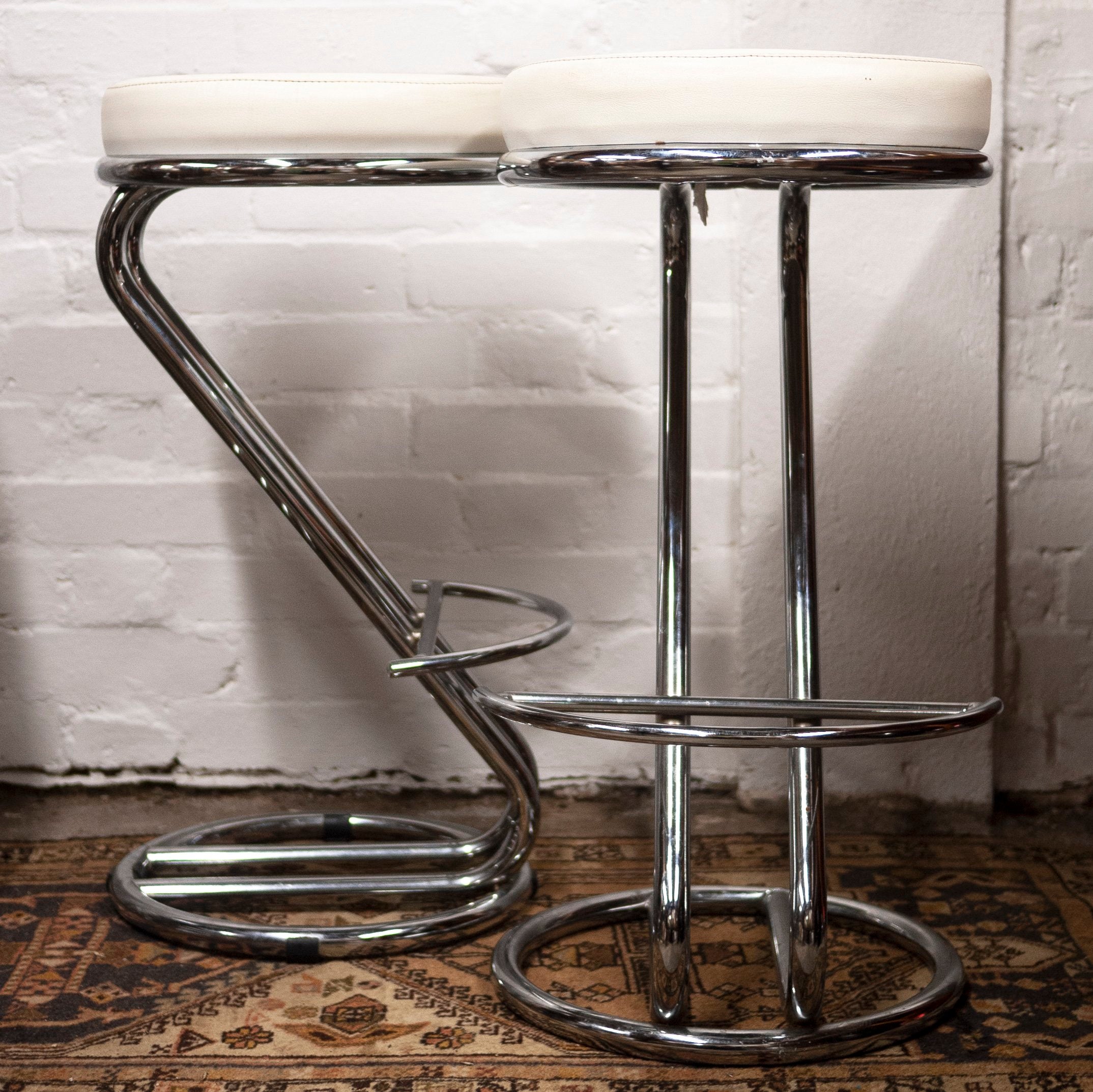 Vintage Mid-Century White Vinyl and Chrome Bar Stools, Set of 2, 1960s