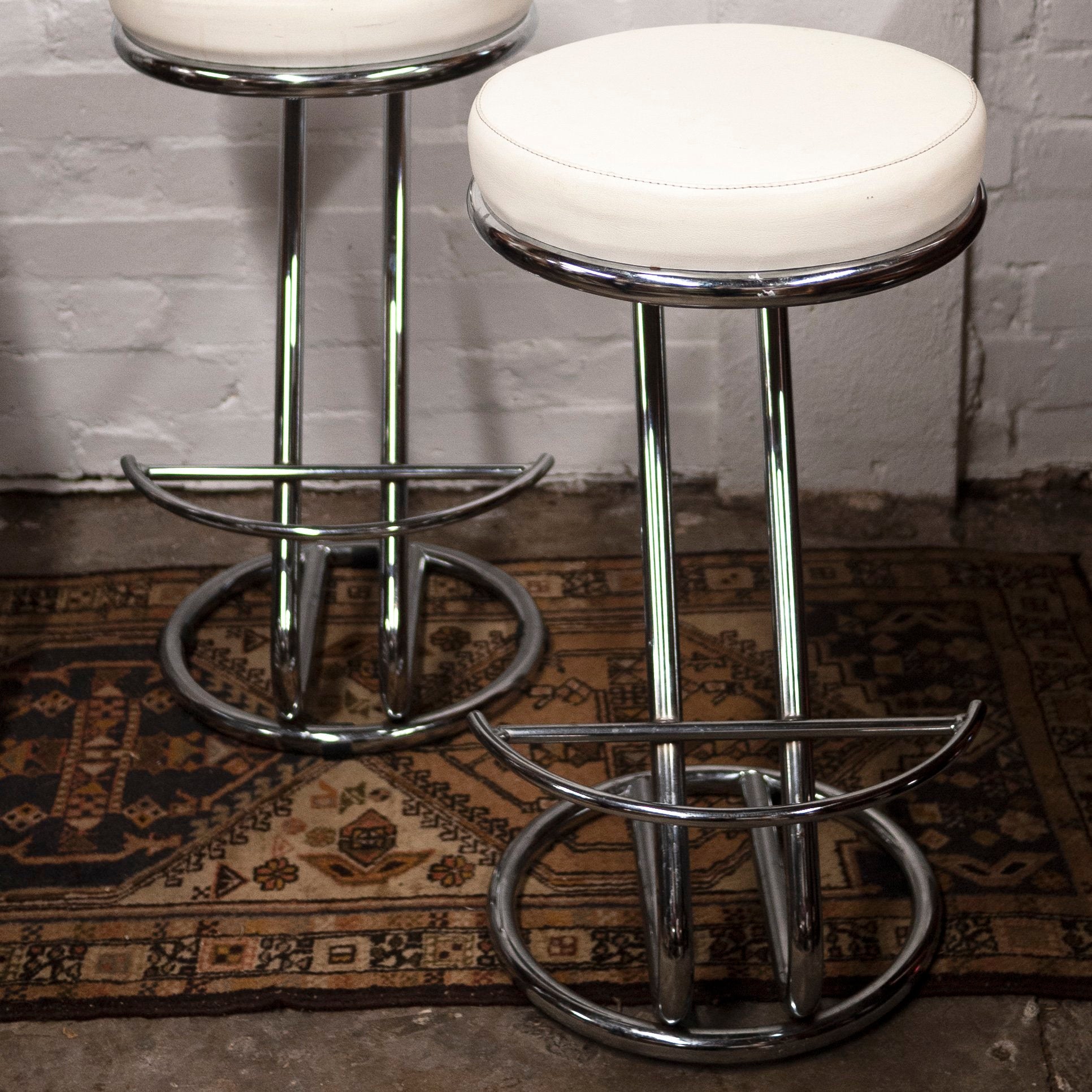 Vintage Mid-Century White Vinyl and Chrome Bar Stools, Set of 2, 1960s