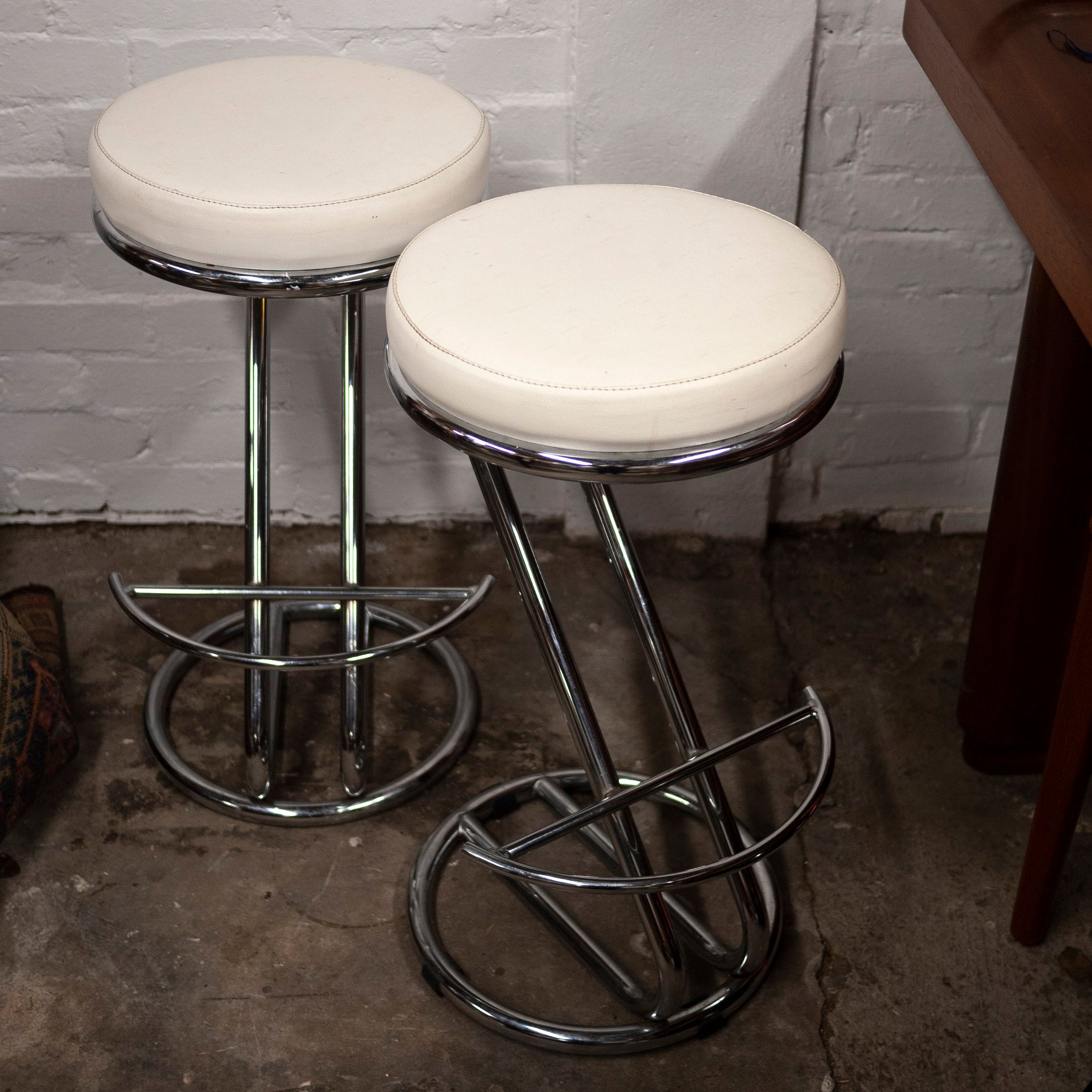 Vintage Mid-Century White Vinyl and Chrome Bar Stools, Set of 2, 1960s