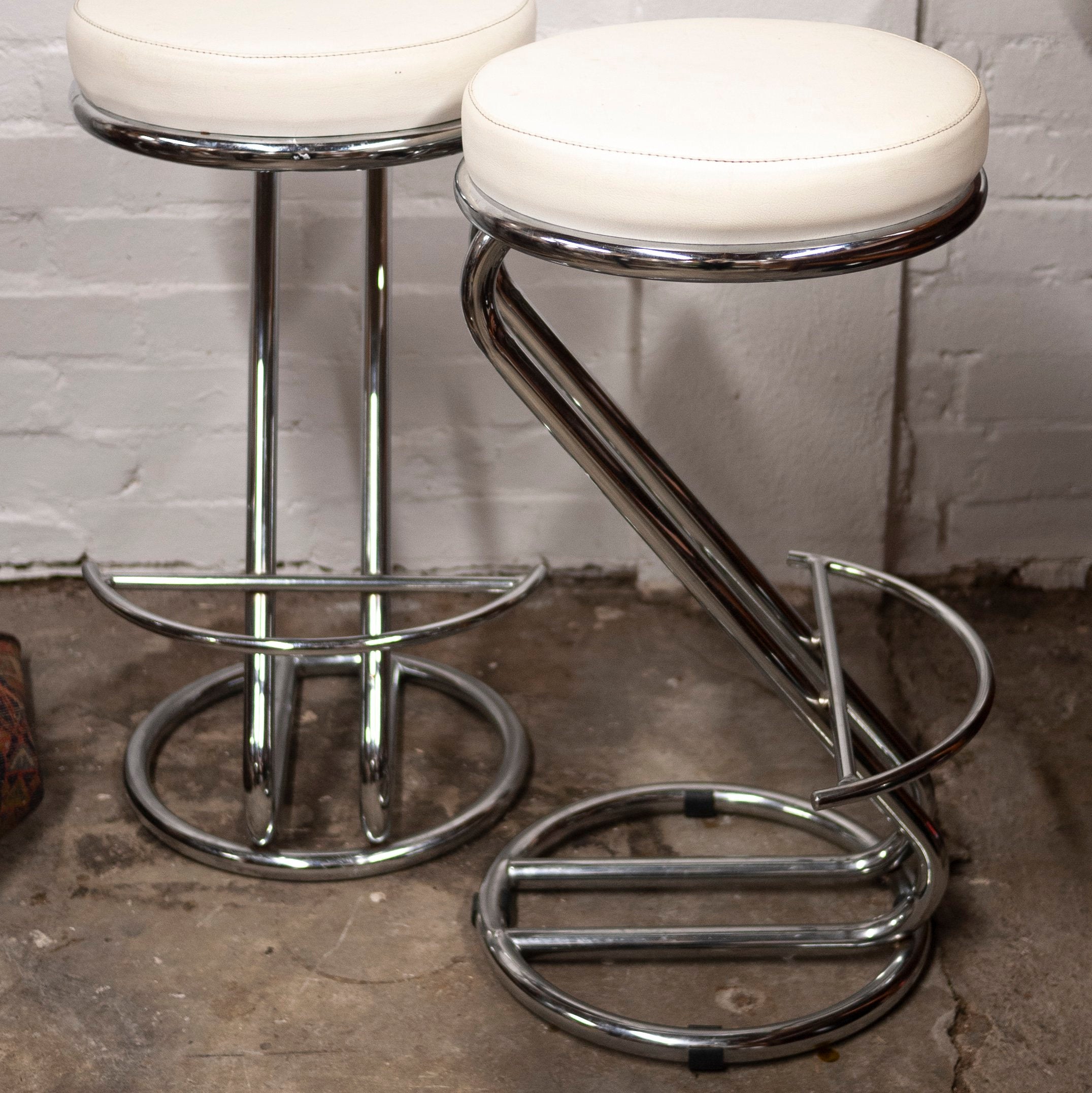 Vintage Mid-Century White Vinyl and Chrome Bar Stools, Set of 2, 1960s