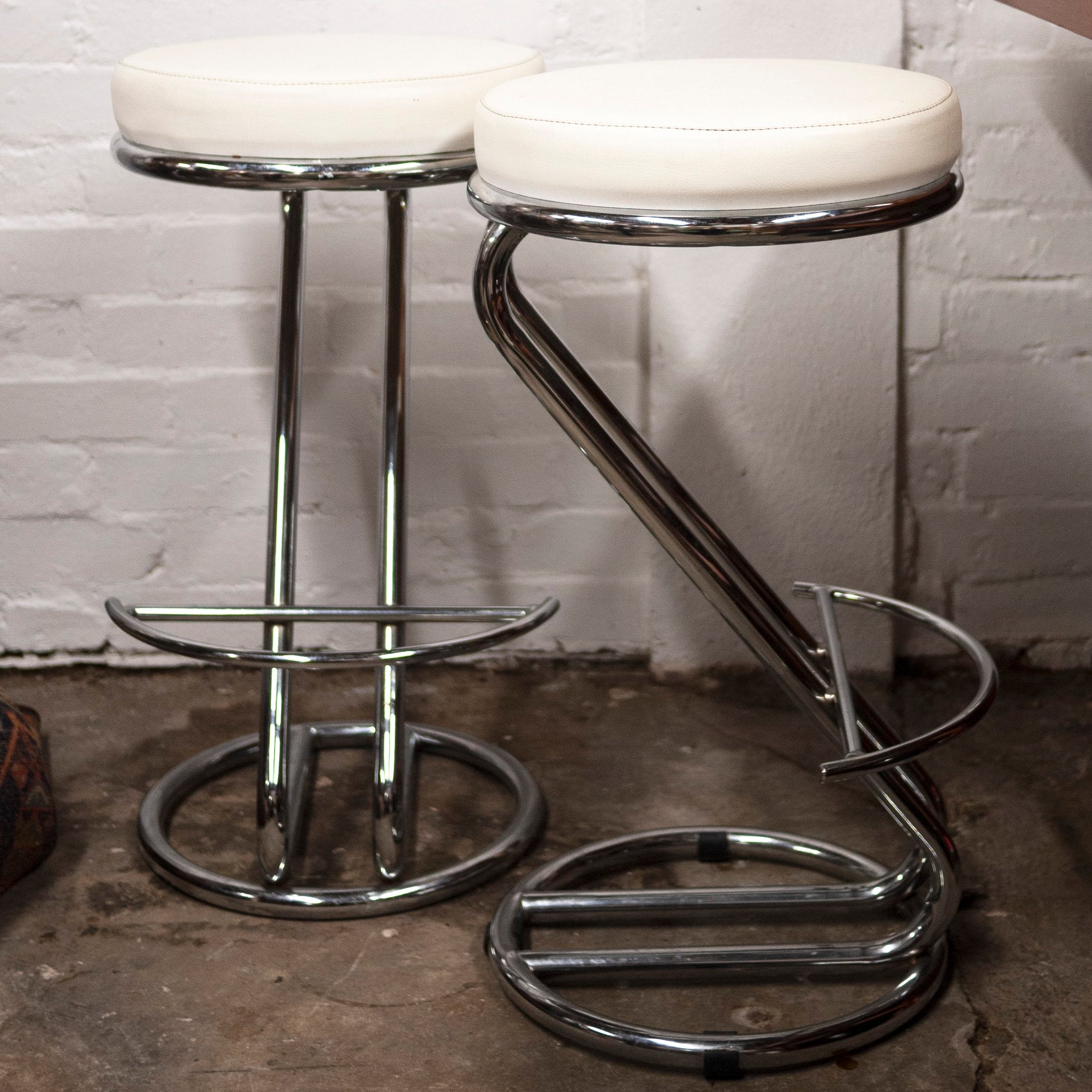 Vintage Mid-Century White Vinyl and Chrome Bar Stools, Set of 2, 1960s