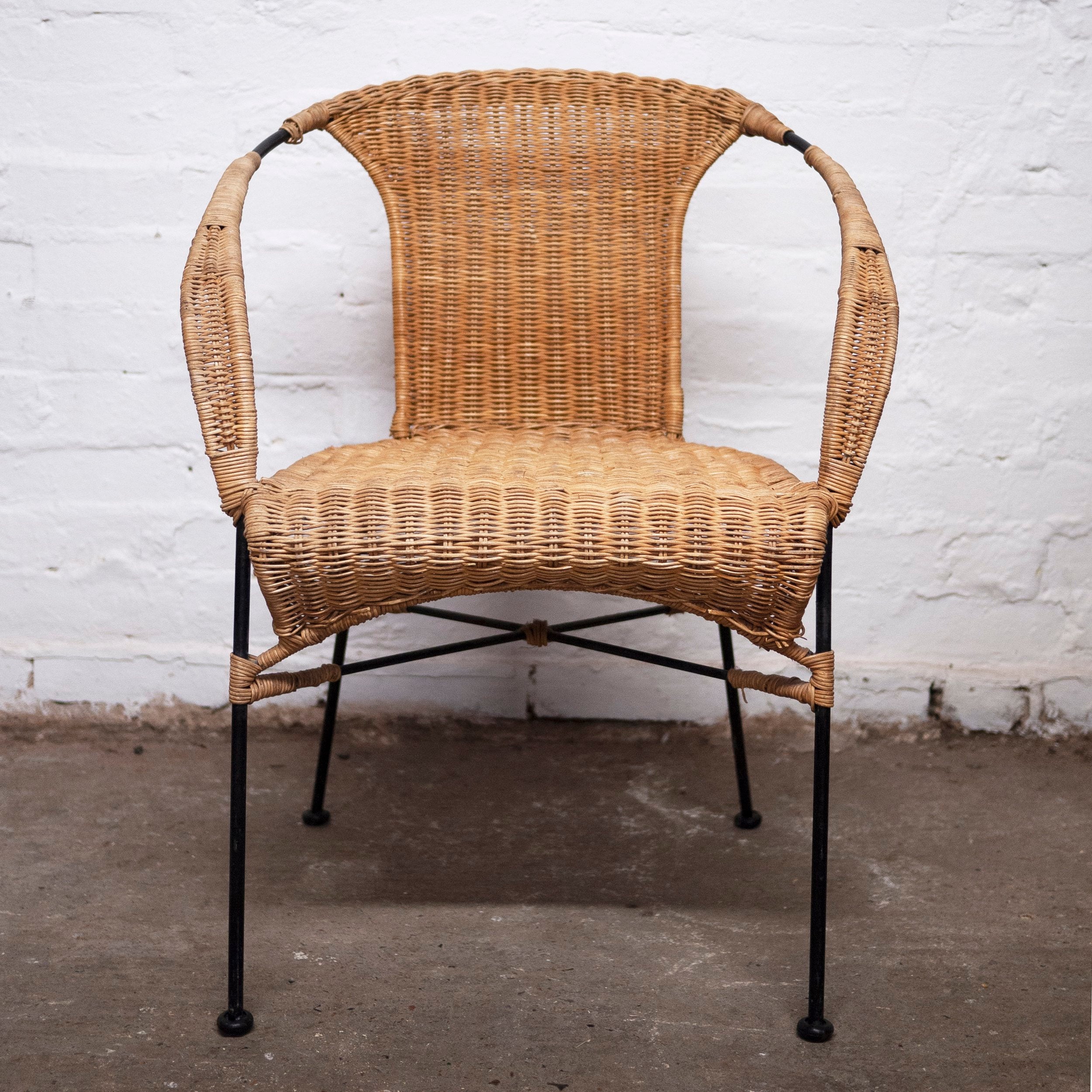 Vinatge Bamboo and Wicker Chair with Metal Legs 1970s