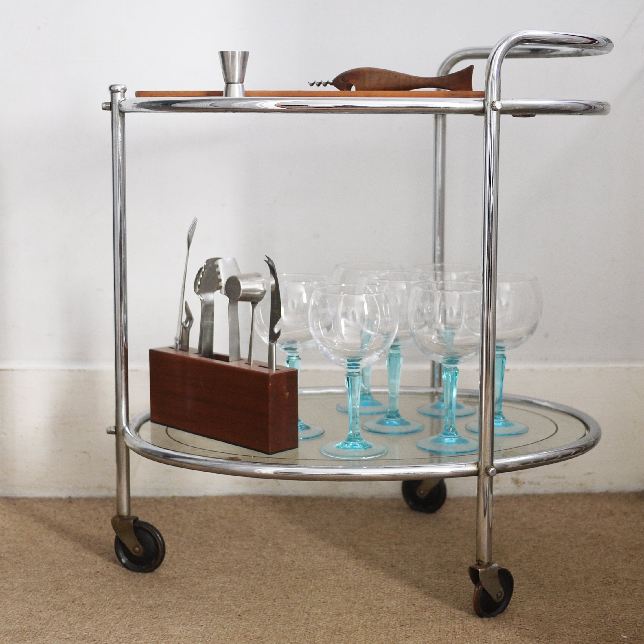 Vintage Glass and Chrome Two Tier French Drinks Trolley, 1940s