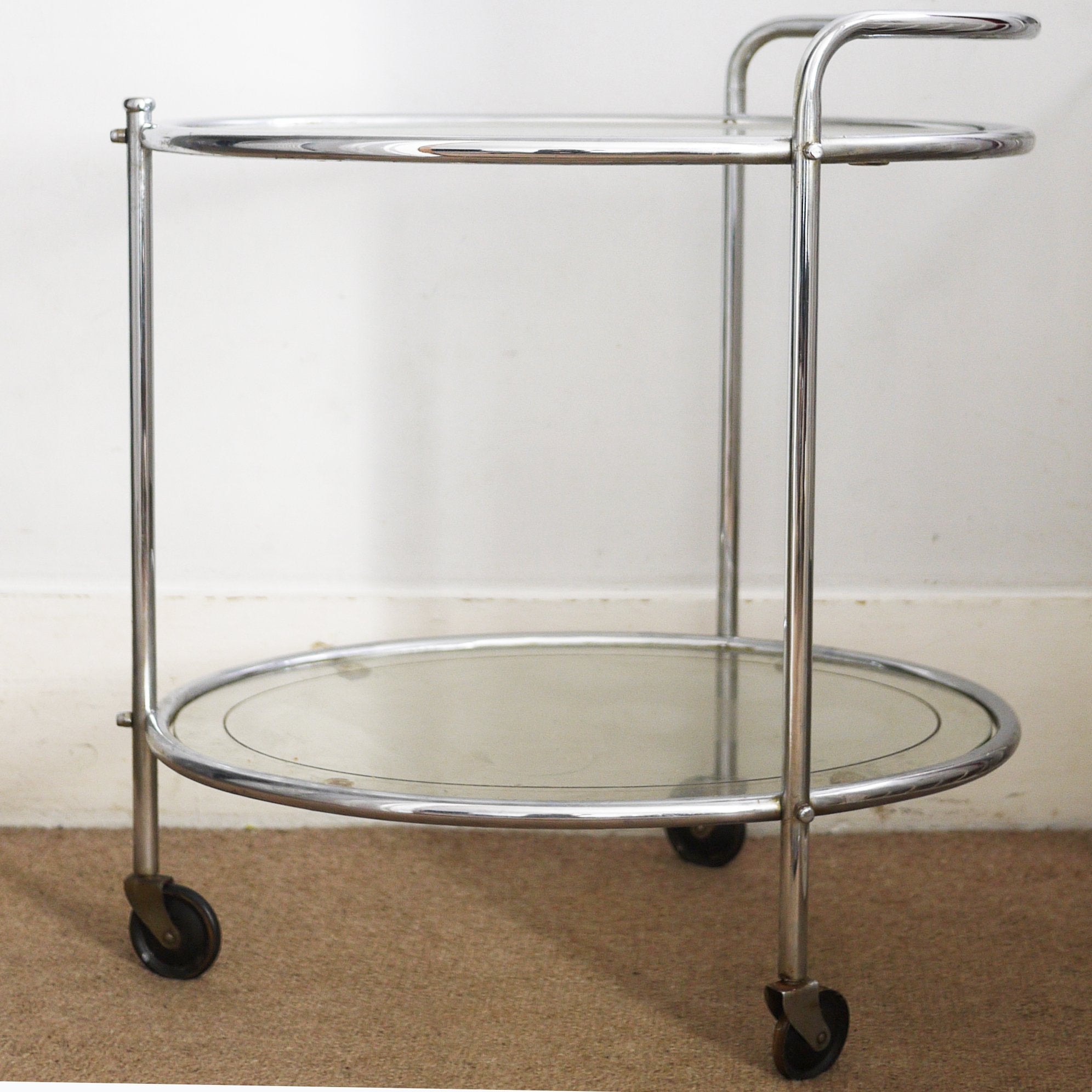 Vintage Glass and Chrome Two Tier French Drinks Trolley, 1940s