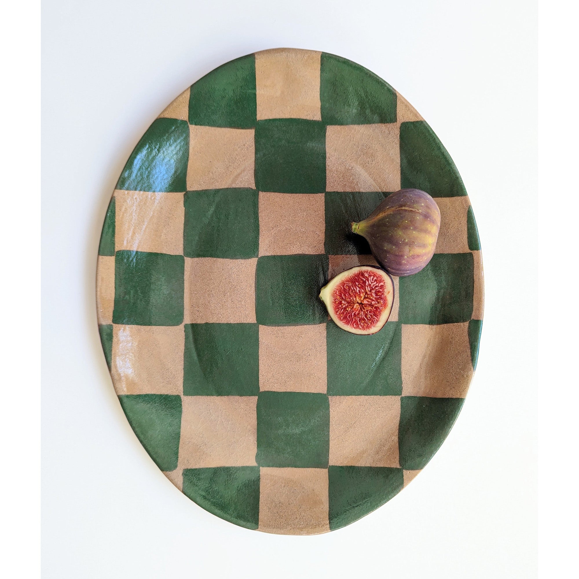 Green Oval Check Serving Platter