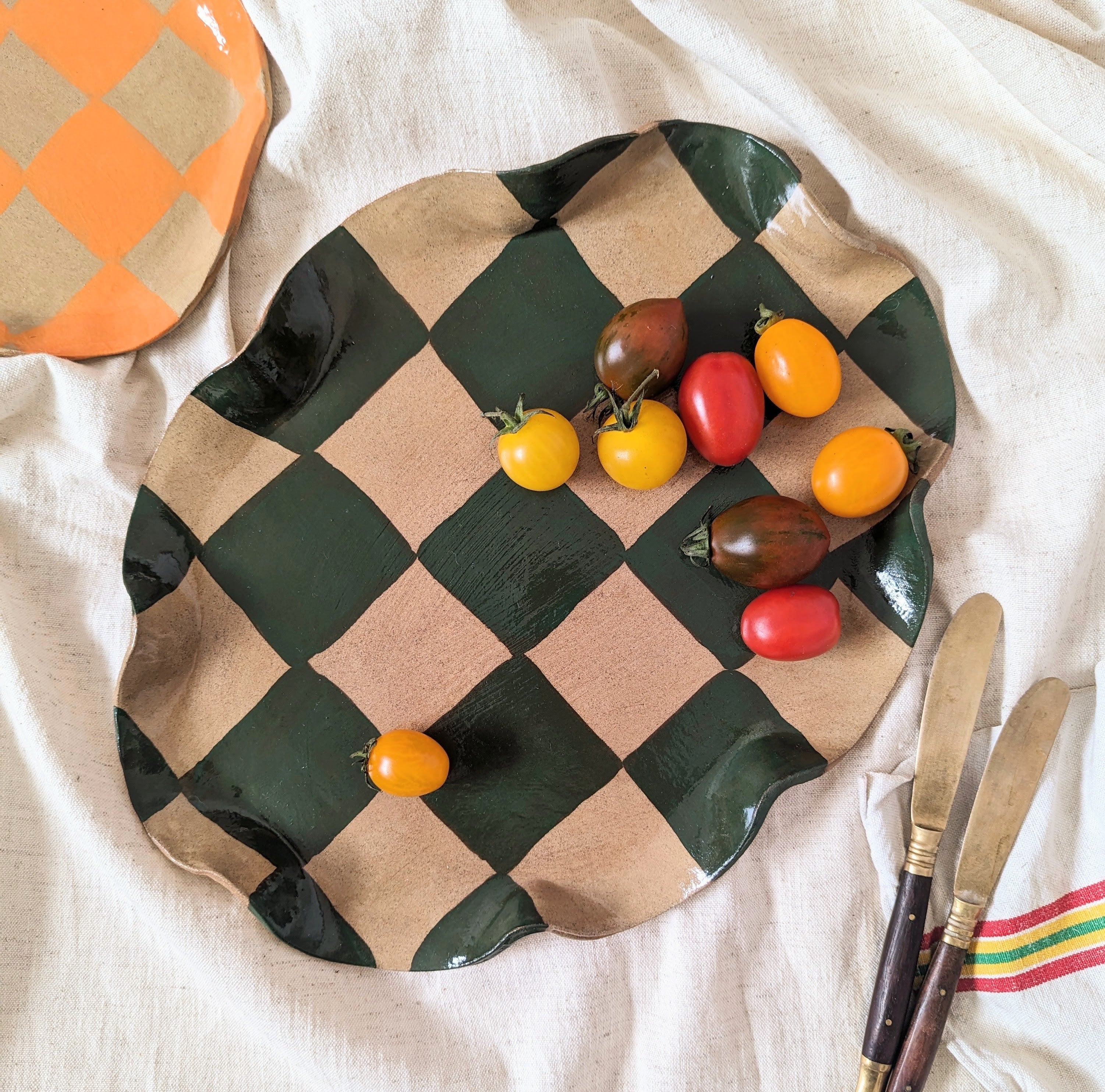 Green Oval Wavy Check Serving Platter