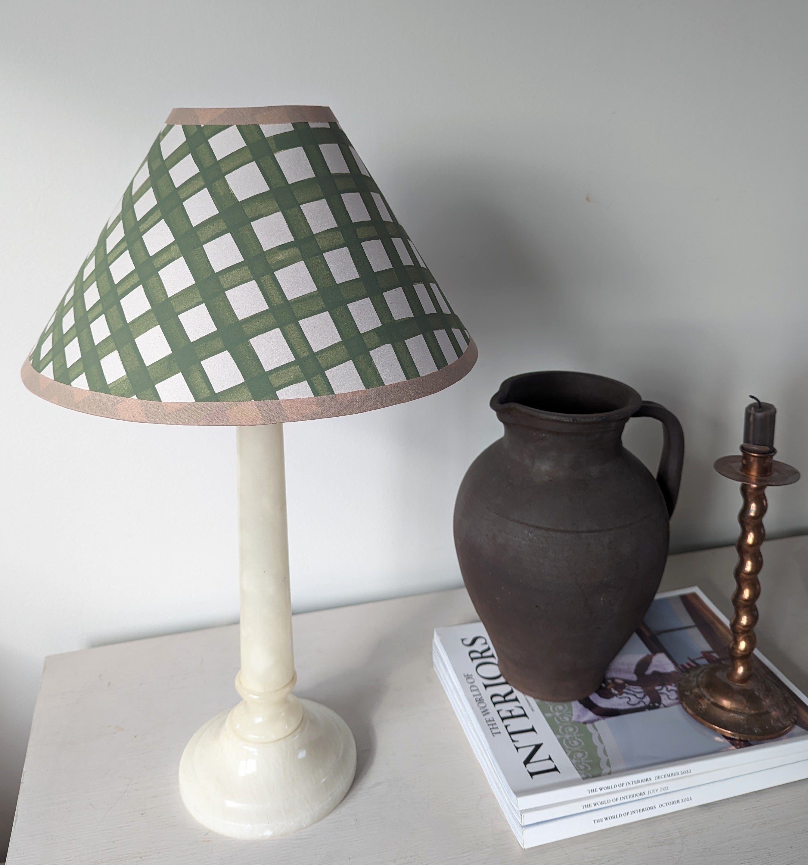 Green & Cream Gingham Hand Painted Paper Coolie Lampshade