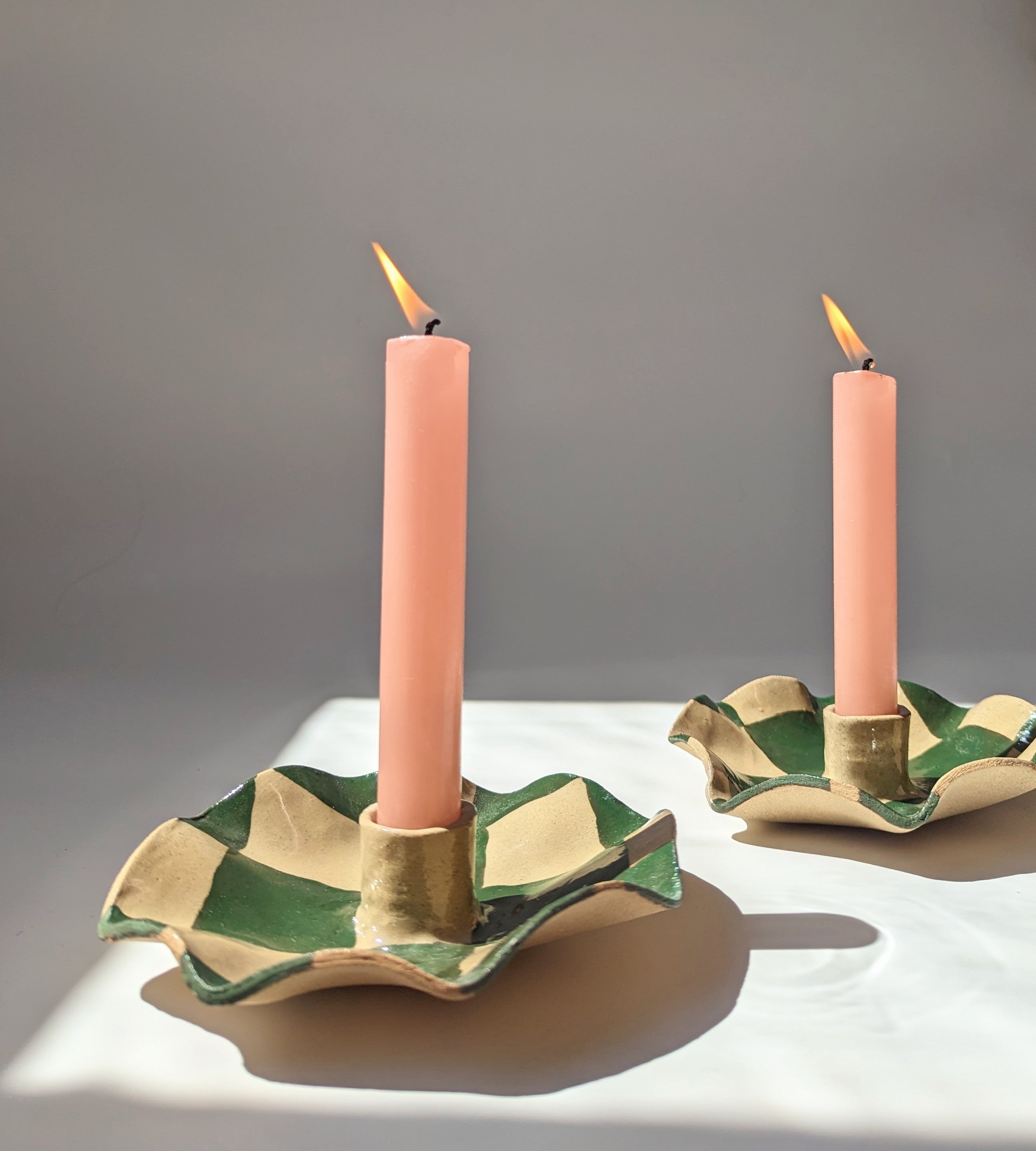 Green Check Scalloped Candle Holders