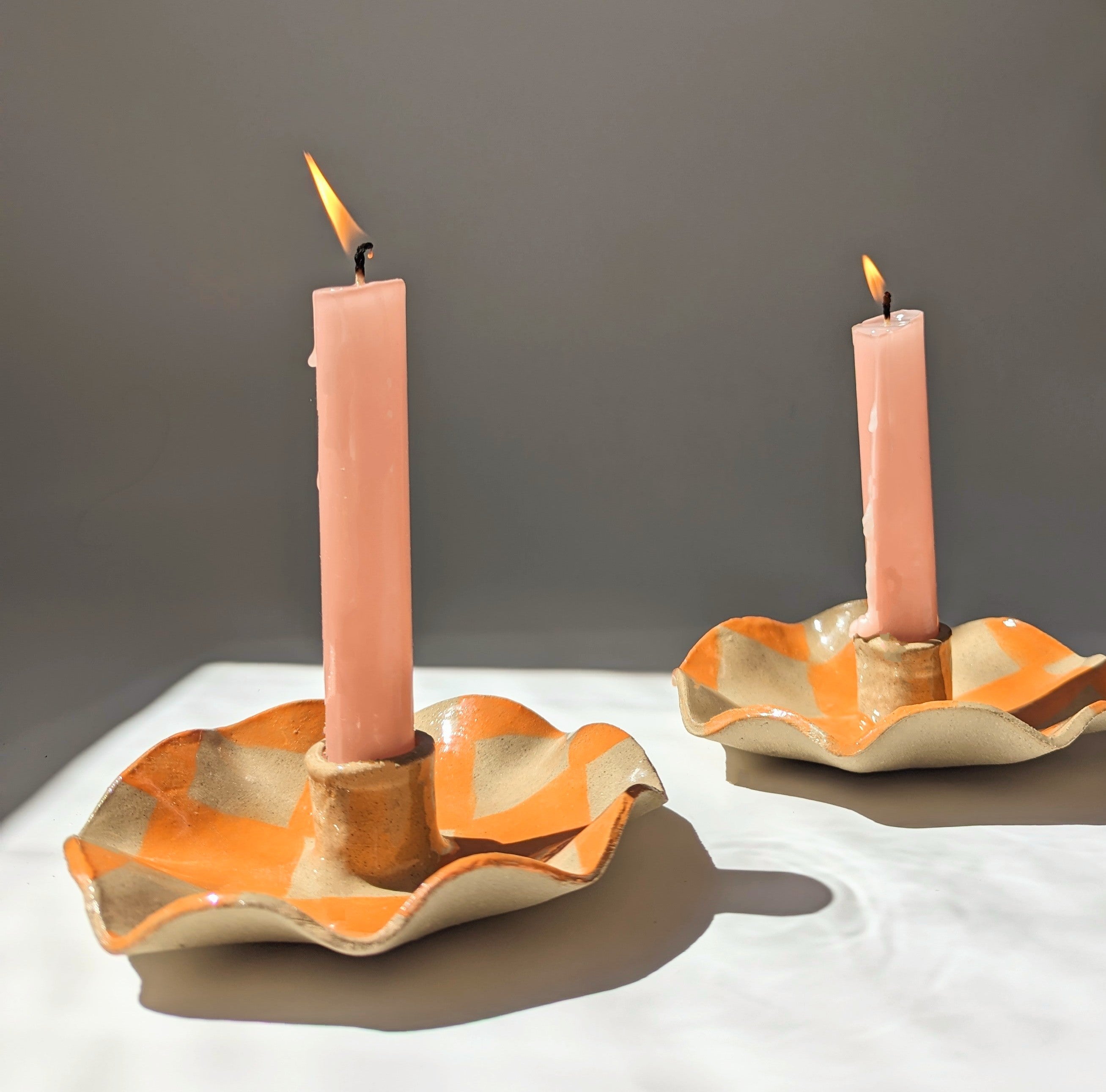 Orange Check Scalloped Candle Holders