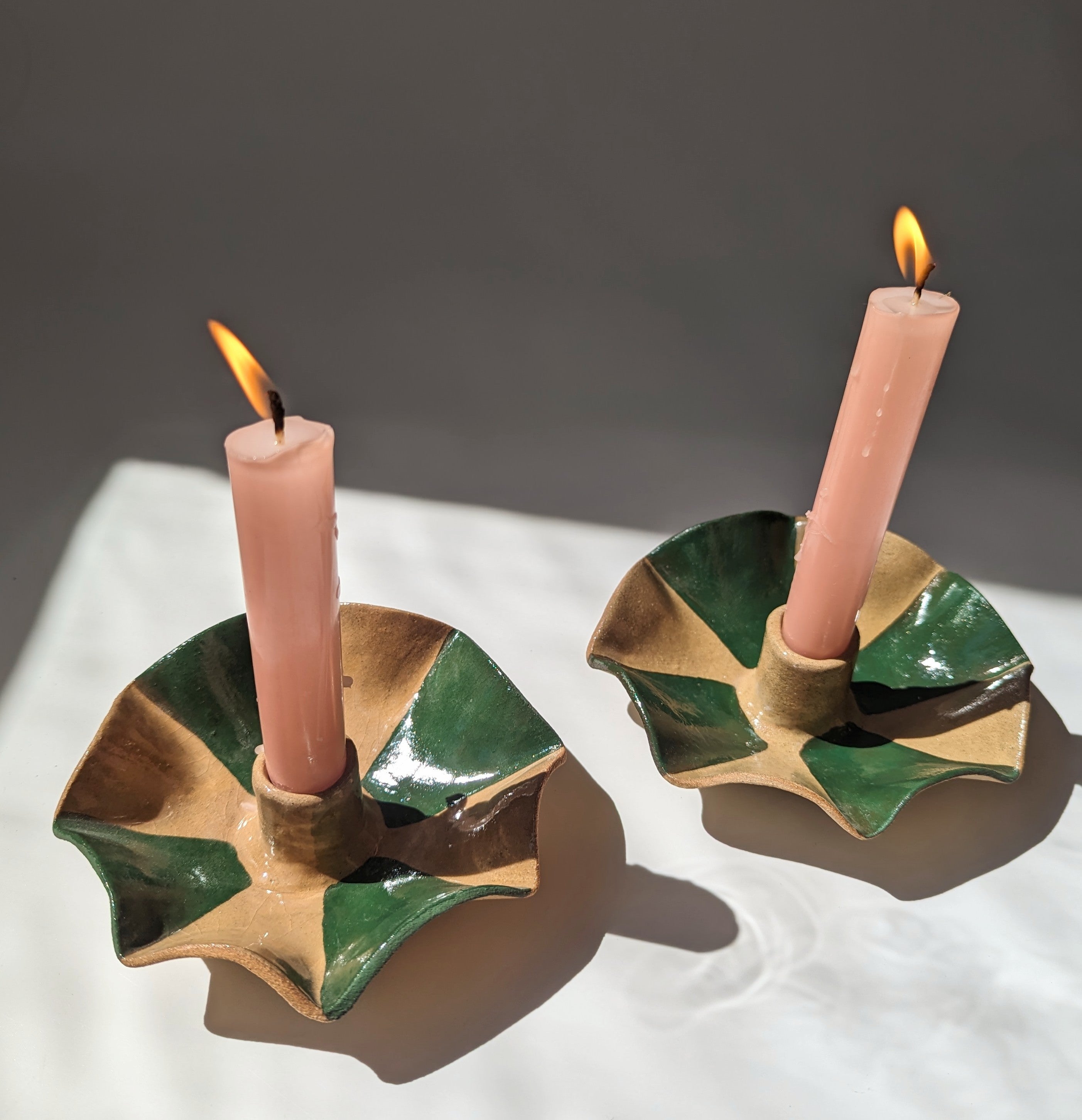 Green Striped Scalloped Candle Holders