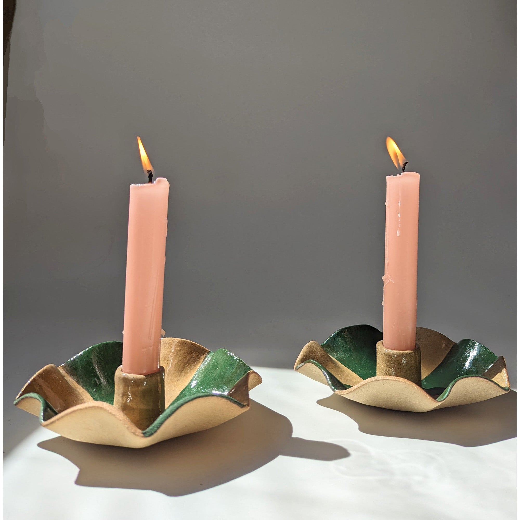 Green Striped Scalloped Candle Holders