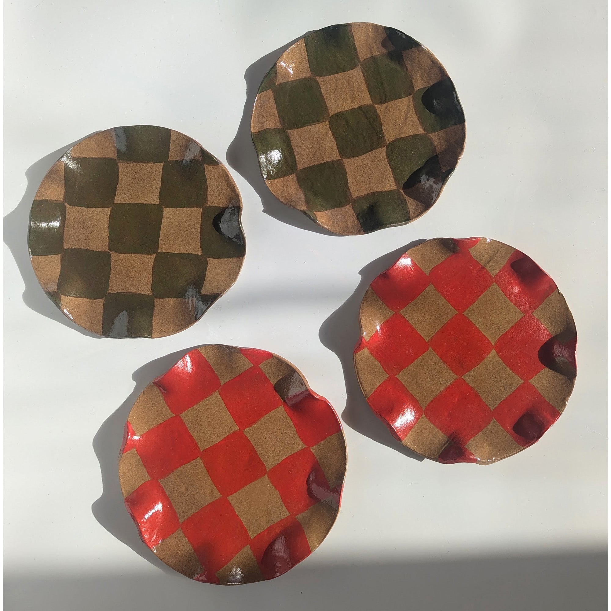 Set of Four Red & Smokey Olive Wavy Check Side Plates