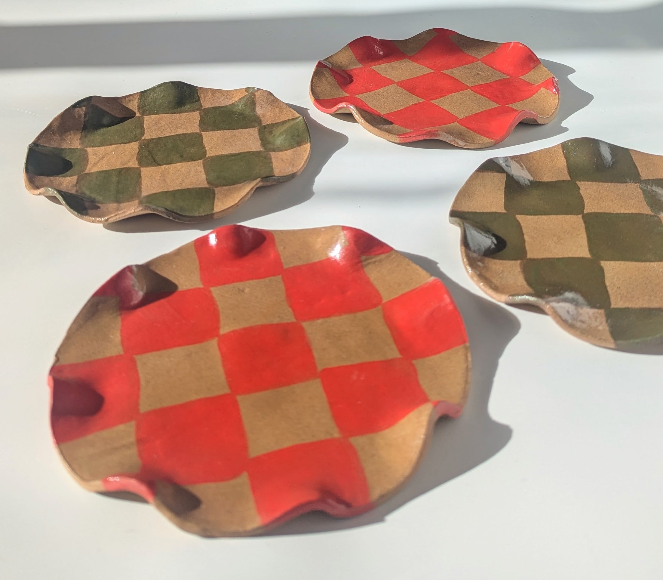 Set of Four Red & Smokey Olive Wavy Check Side Plates