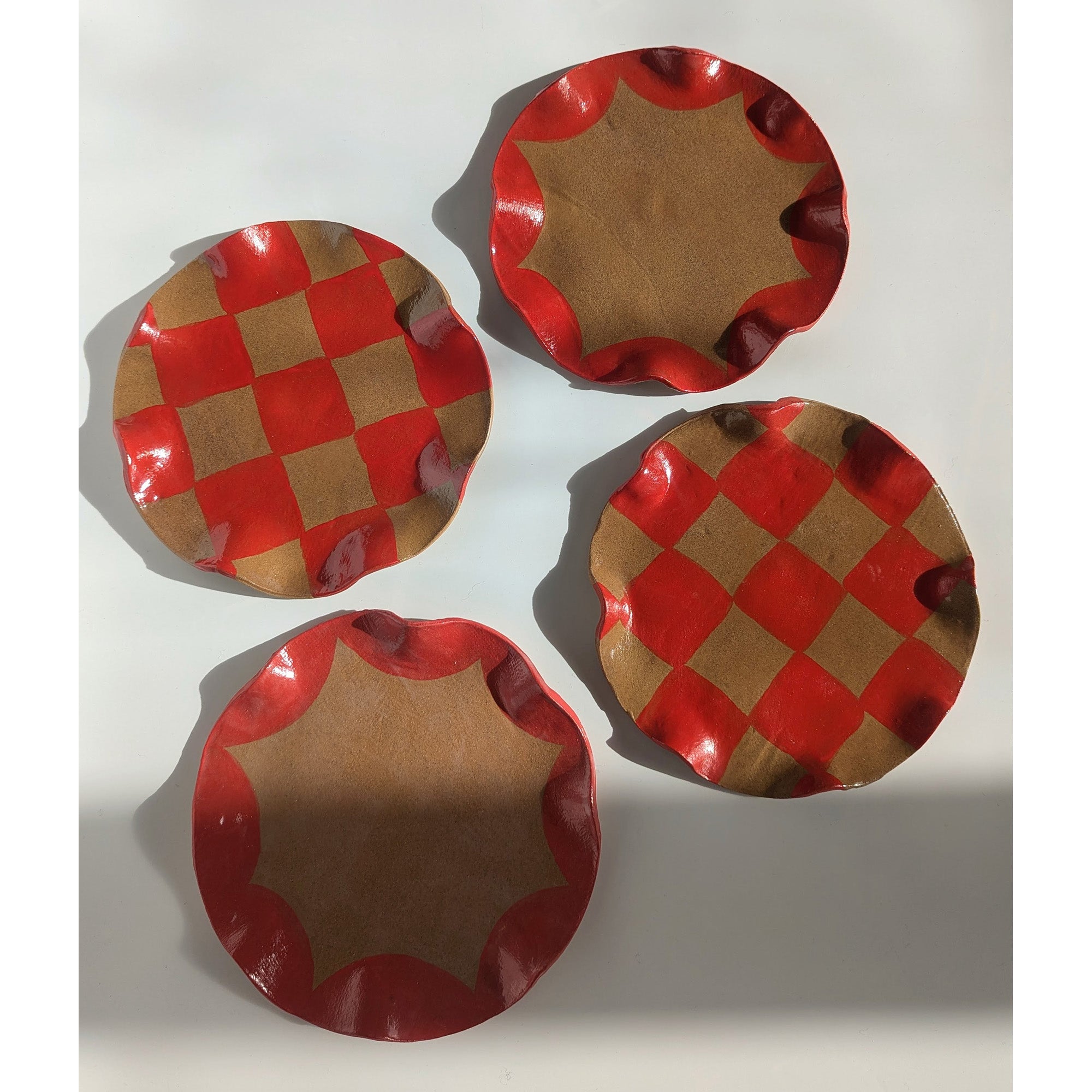 Set of Four Red Wavy Check & Scalloped Side Plates