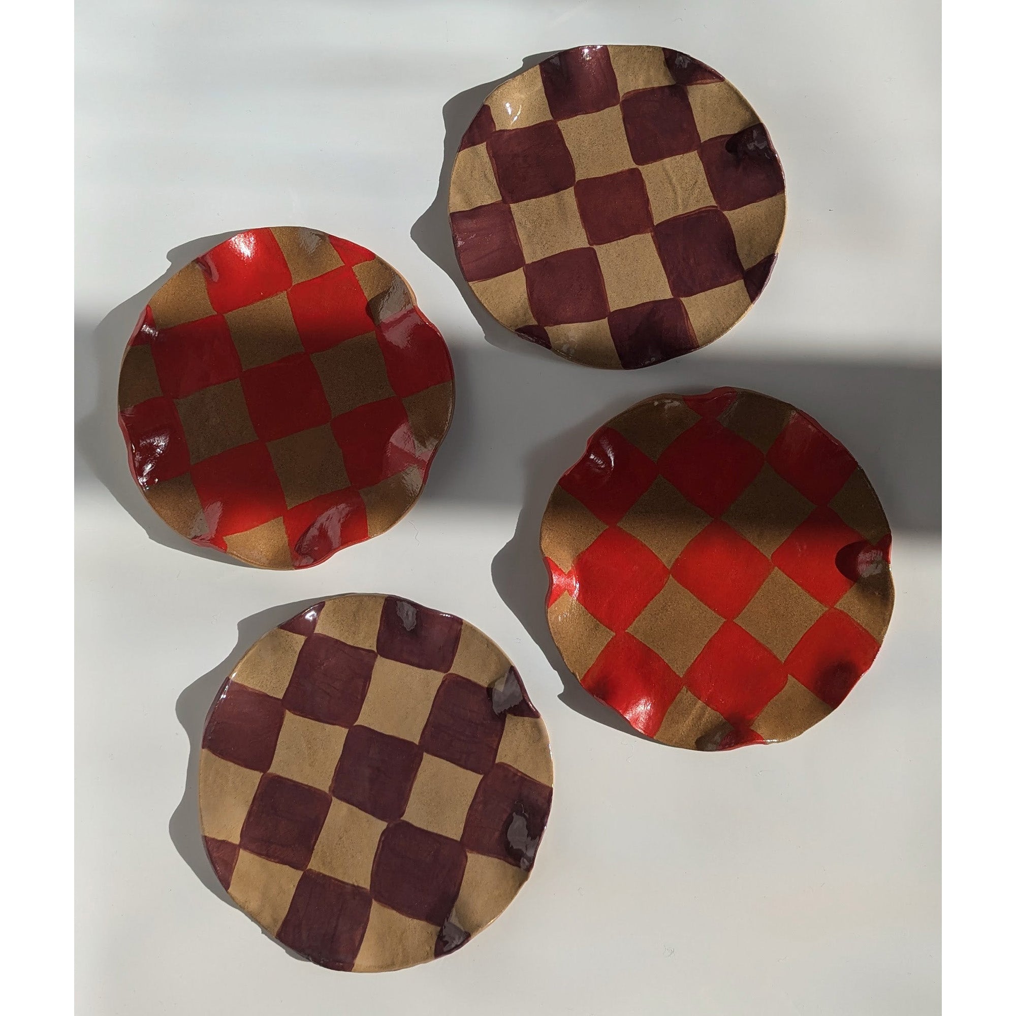 Set of Four Red & Burgundy Wavy Check Side Plates