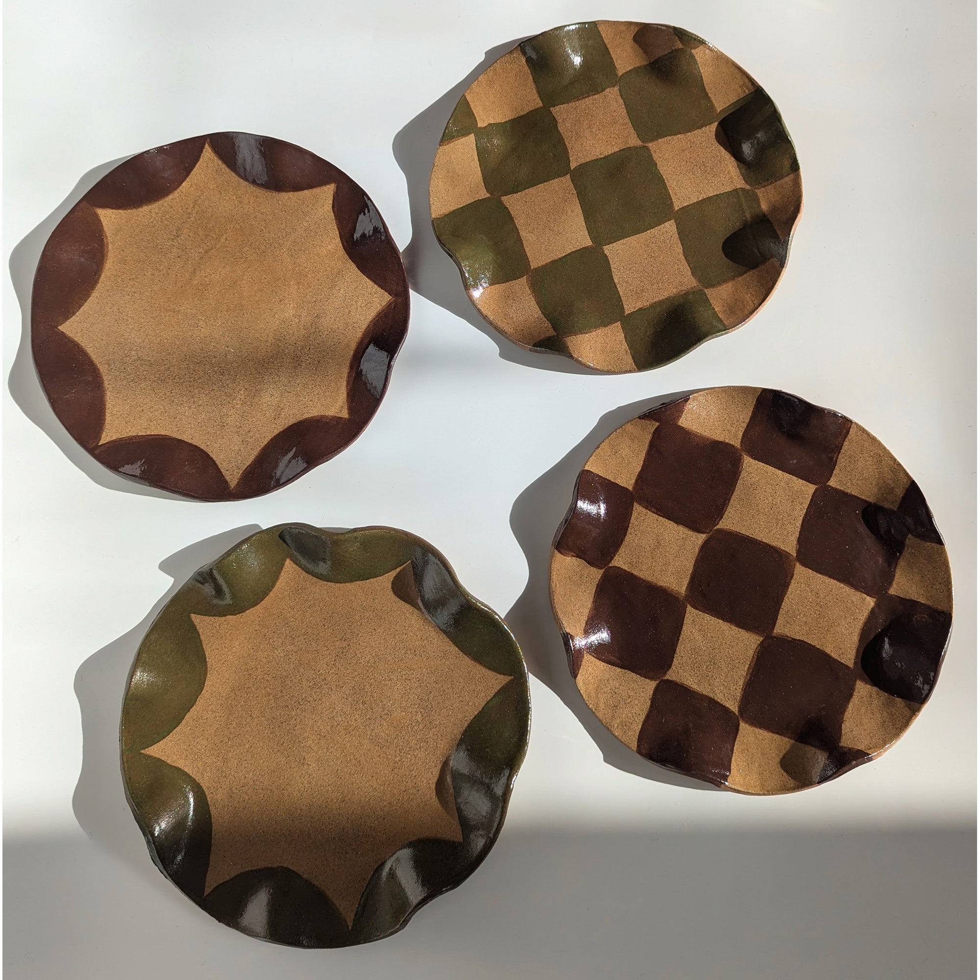 Set of Four Brown & Smokey Olive Check & Scalloped Side Plates