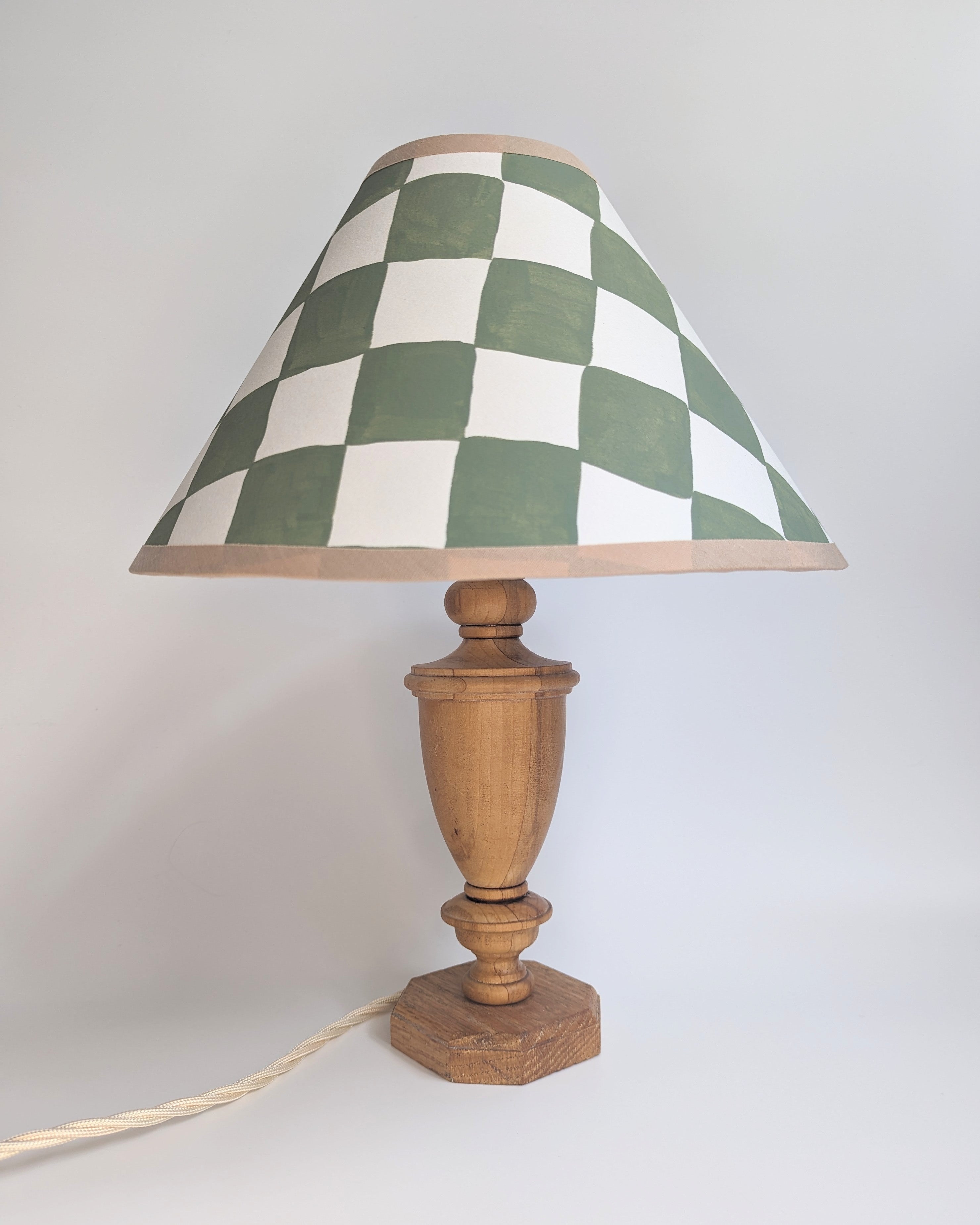 A Pair of Green & Cream Checkerboard Hand Painted Coolie Lampshades