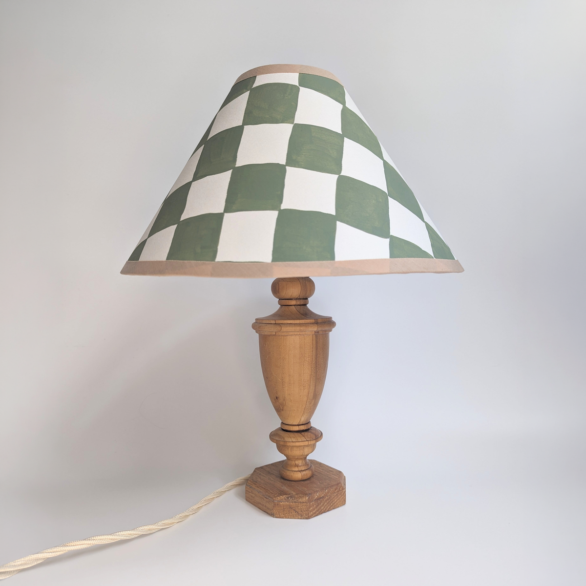 Hand Painted Green & Cream Check Coolie Lampshades | Pair of 2