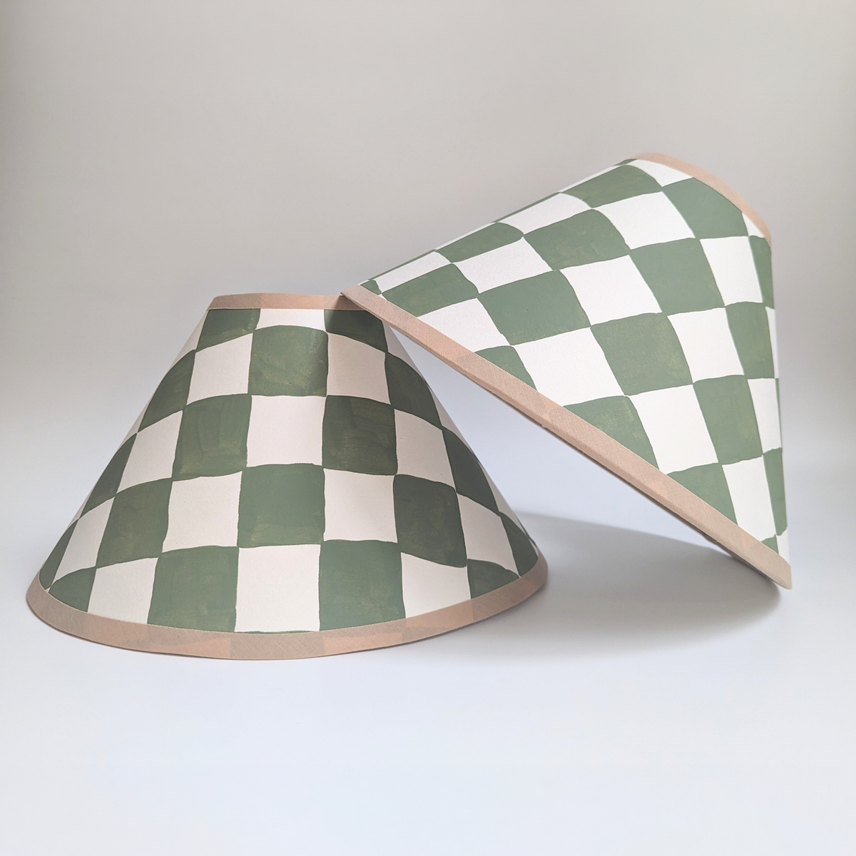 Hand Painted Green & Cream Check Coolie Lampshades | Pair of 2