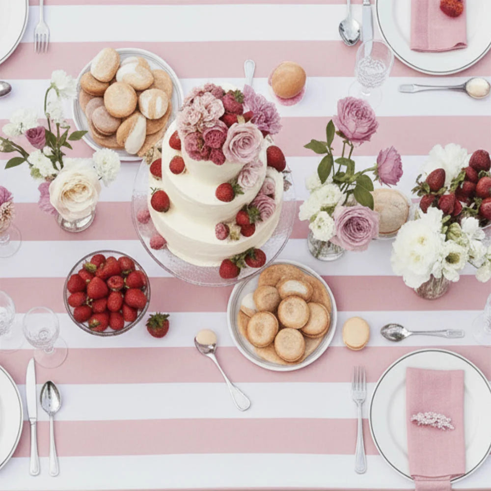 Pink Riviera Striped Ruffle Edge Tablecloth